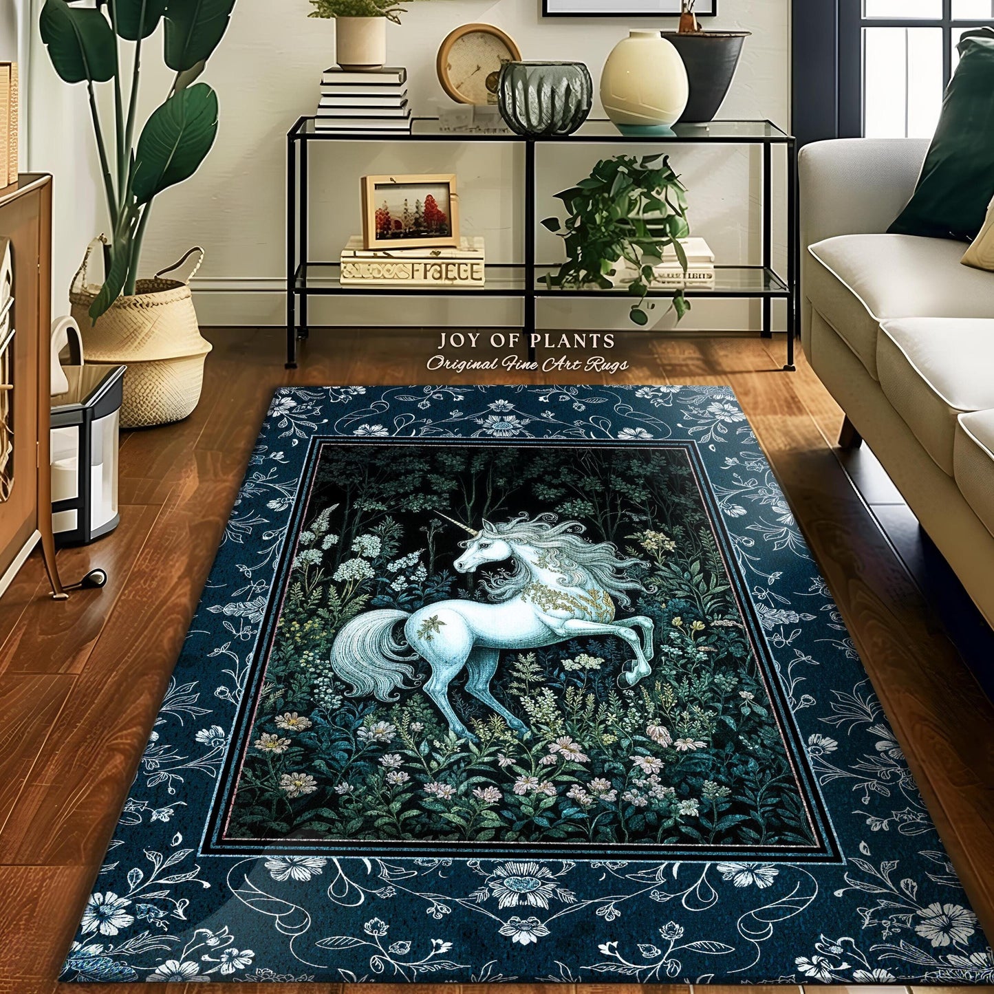 Midnight Magic Unicorn Area Rug | Dark Botanical Maximalist Bedroom Colorful Whimsical Victorian Fairycore Accent Rug Medieval Castlecore |