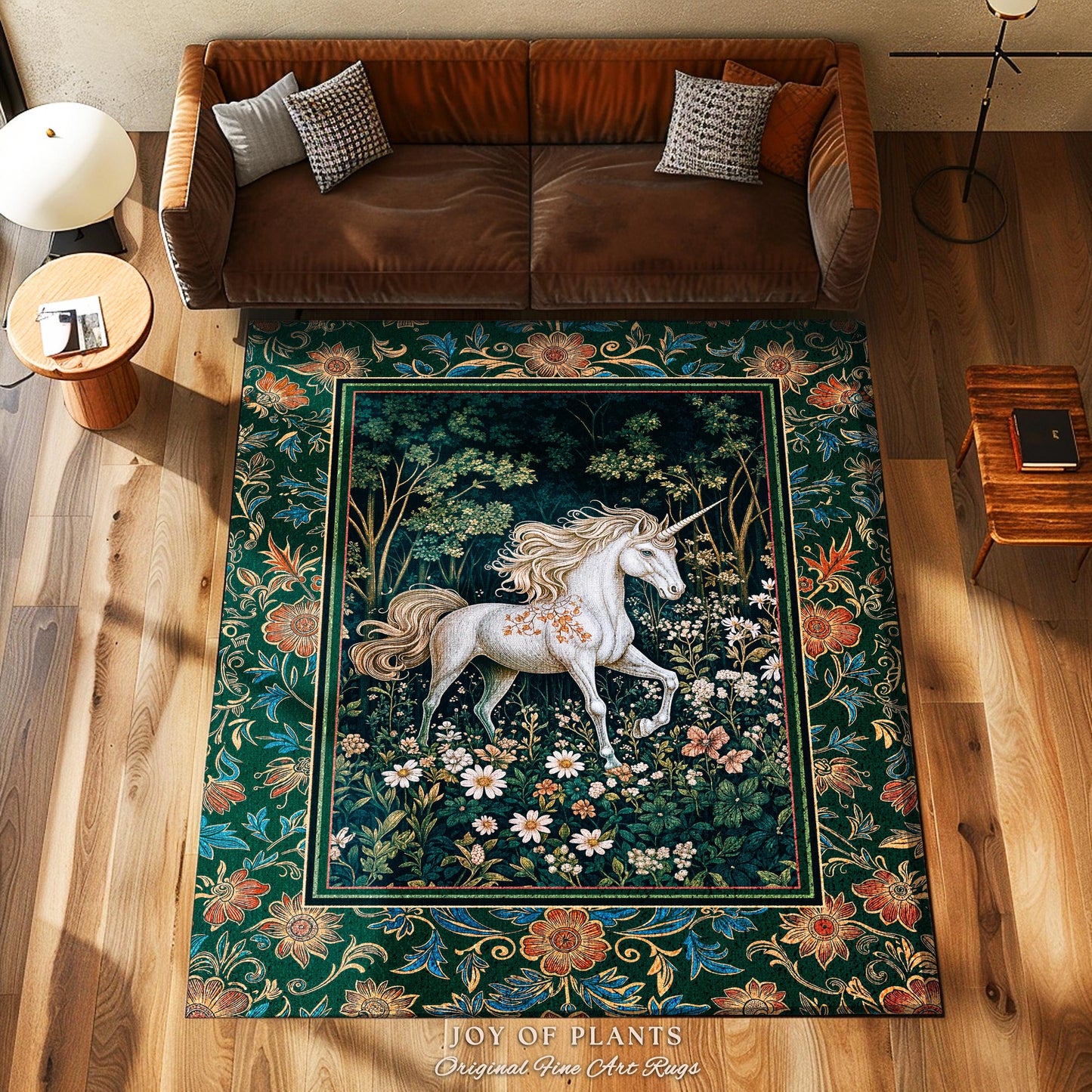 Storybook Aesthetic Mystic Unicorn Rug | Colorful Maximalist Area Rug Whimsical Victorian Fairycore Ethereal Bedroom Rug Medieval Woodland |