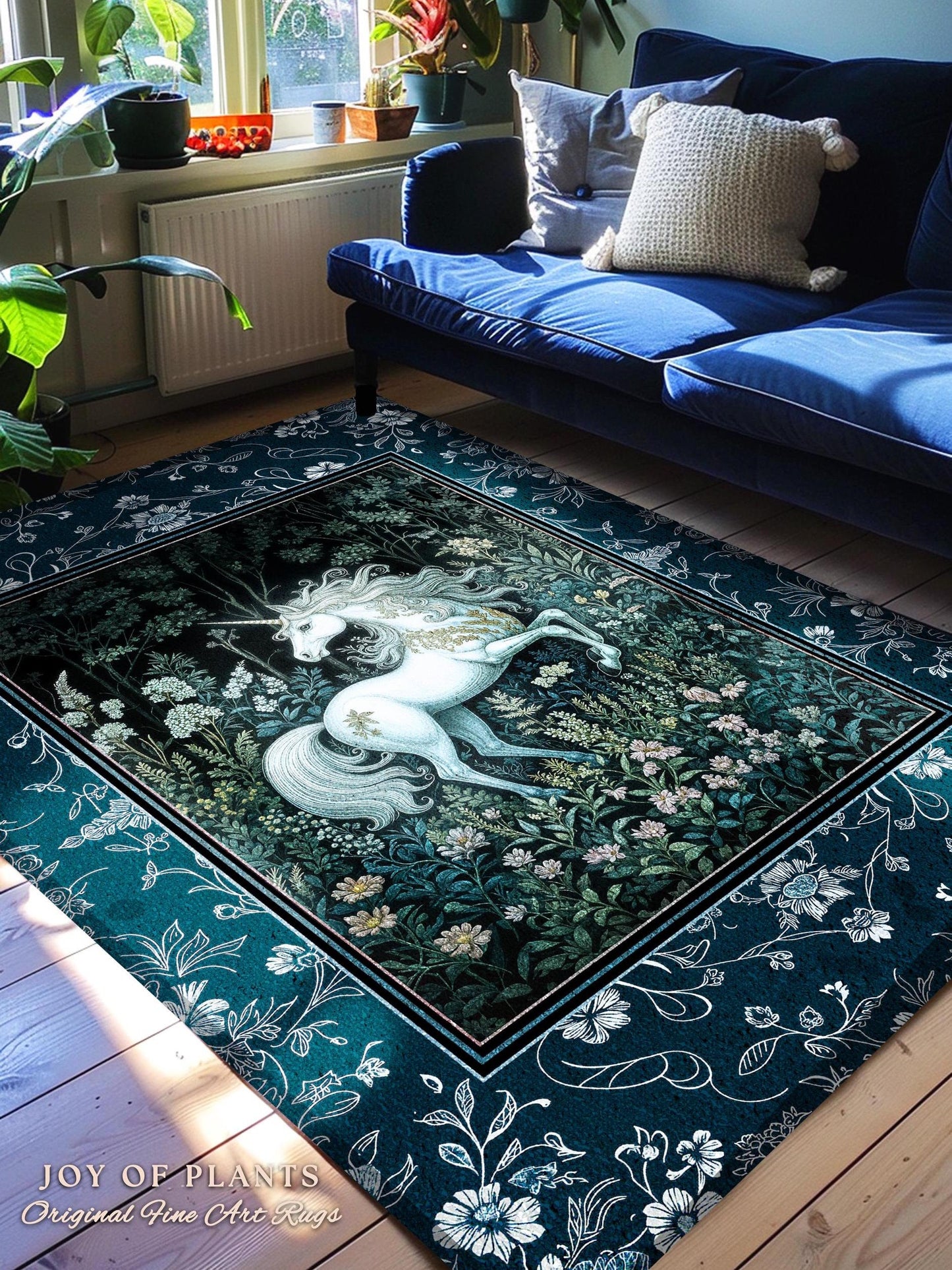 Midnight Magic Unicorn Area Rug | Dark Botanical Maximalist Bedroom Colorful Whimsical Victorian Fairycore Accent Rug Medieval Castlecore |