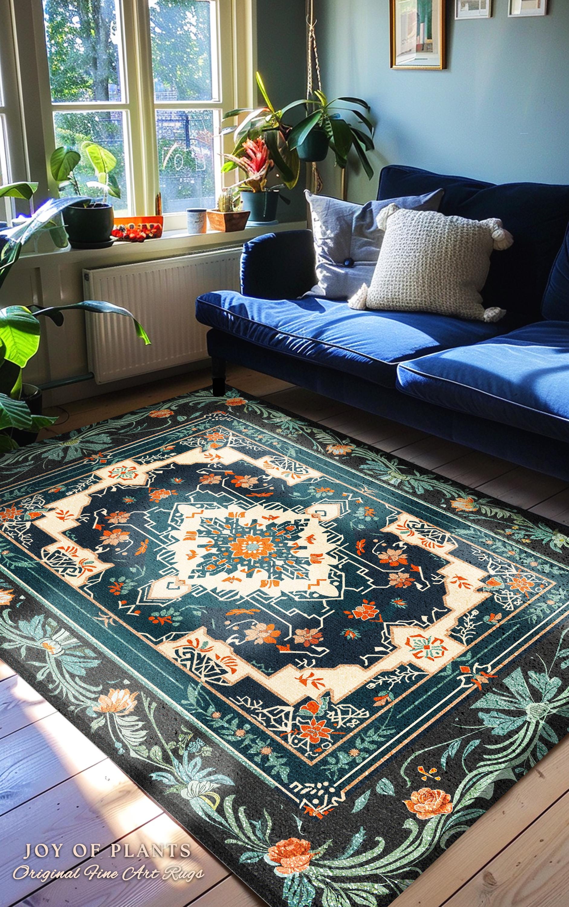 Teal and Orange Ornate Area Rug | Bohemian Room Decor Hippie Aesthetic Multicolor Floor Rug Playful Bedroom Accent Rug Nordic Pastel Style |