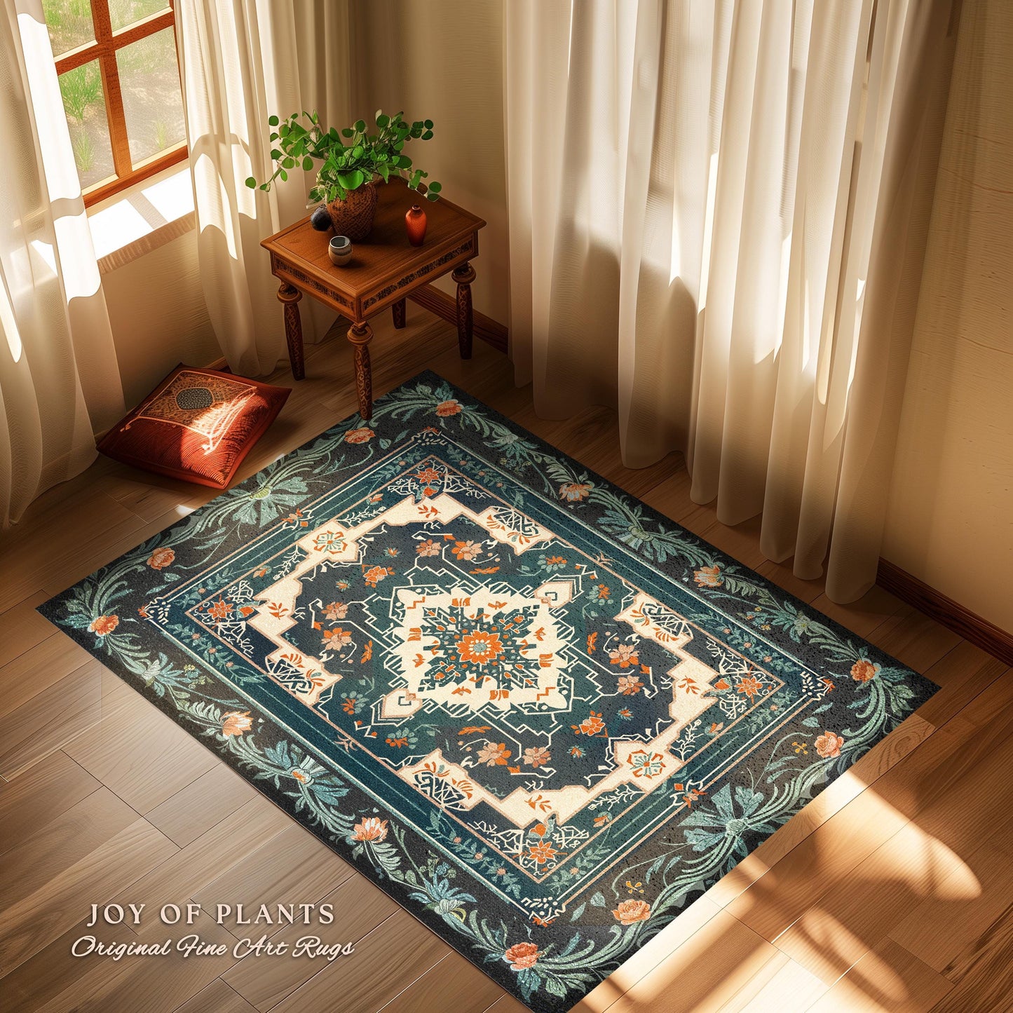 Teal and Orange Ornate Area Rug | Bohemian Room Decor Hippie Aesthetic Multicolor Floor Rug Playful Bedroom Accent Rug Nordic Pastel Style |
