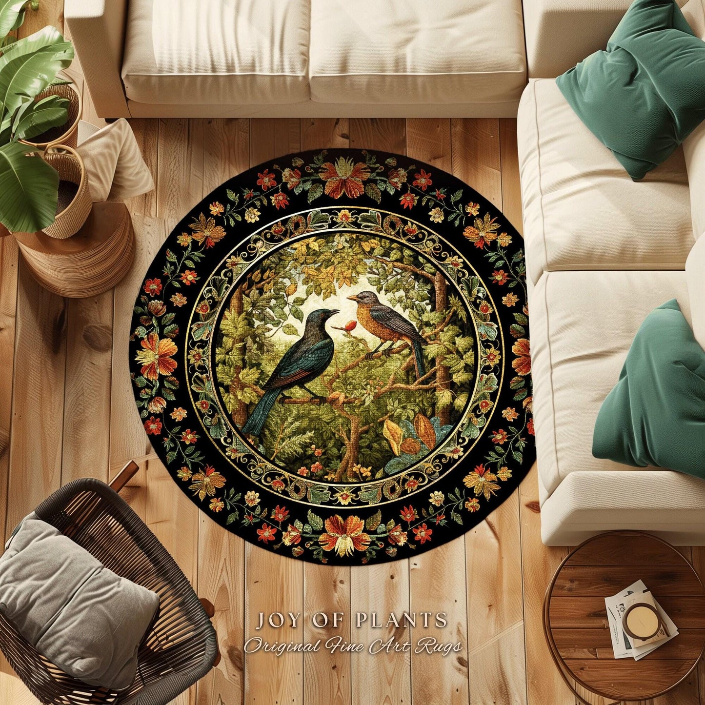 Crowcore Forest Round Raven Rug Bedroom Decor Morris Inspired Victorian Room Dark Academia Style, Mystical Woodland Birds Cottagecore Accent