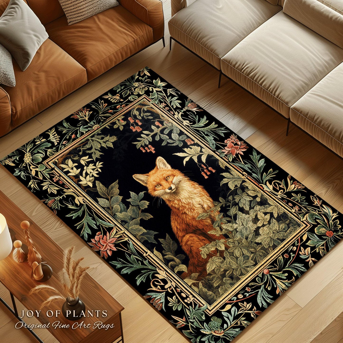 Woodland Whimsical Round Fox Rug Botanical Nature Bedroom Decor Morris Inspired Cottagecore, Soft Forestcore Dark Academia Folklore Fox Rug