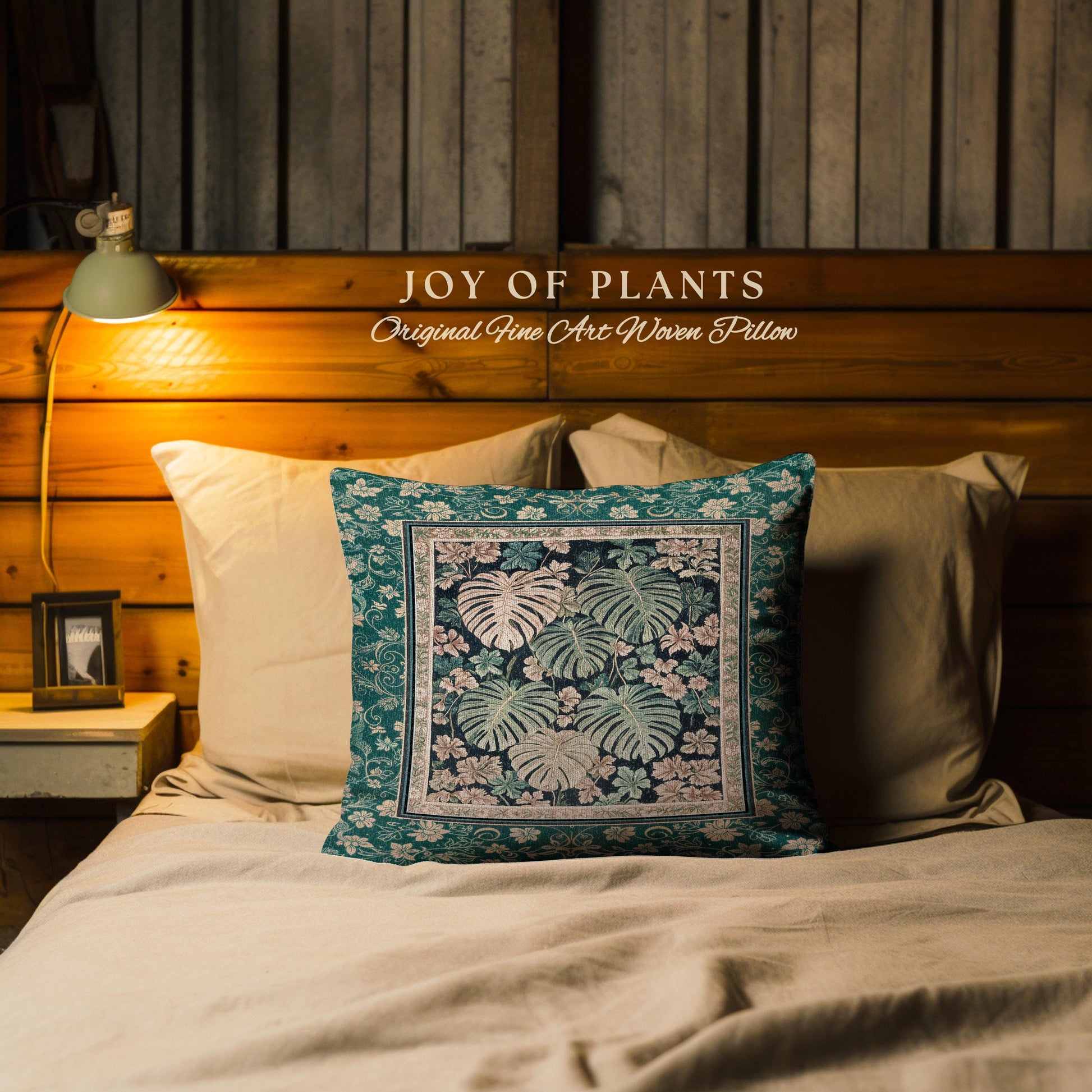 Enchanted Grove Botanical Woven Pillow | Forestcore Home Decor Cottagecore Maximalist Pillow Whimsical Monstera Vibes Trendy Bedroom Artwork