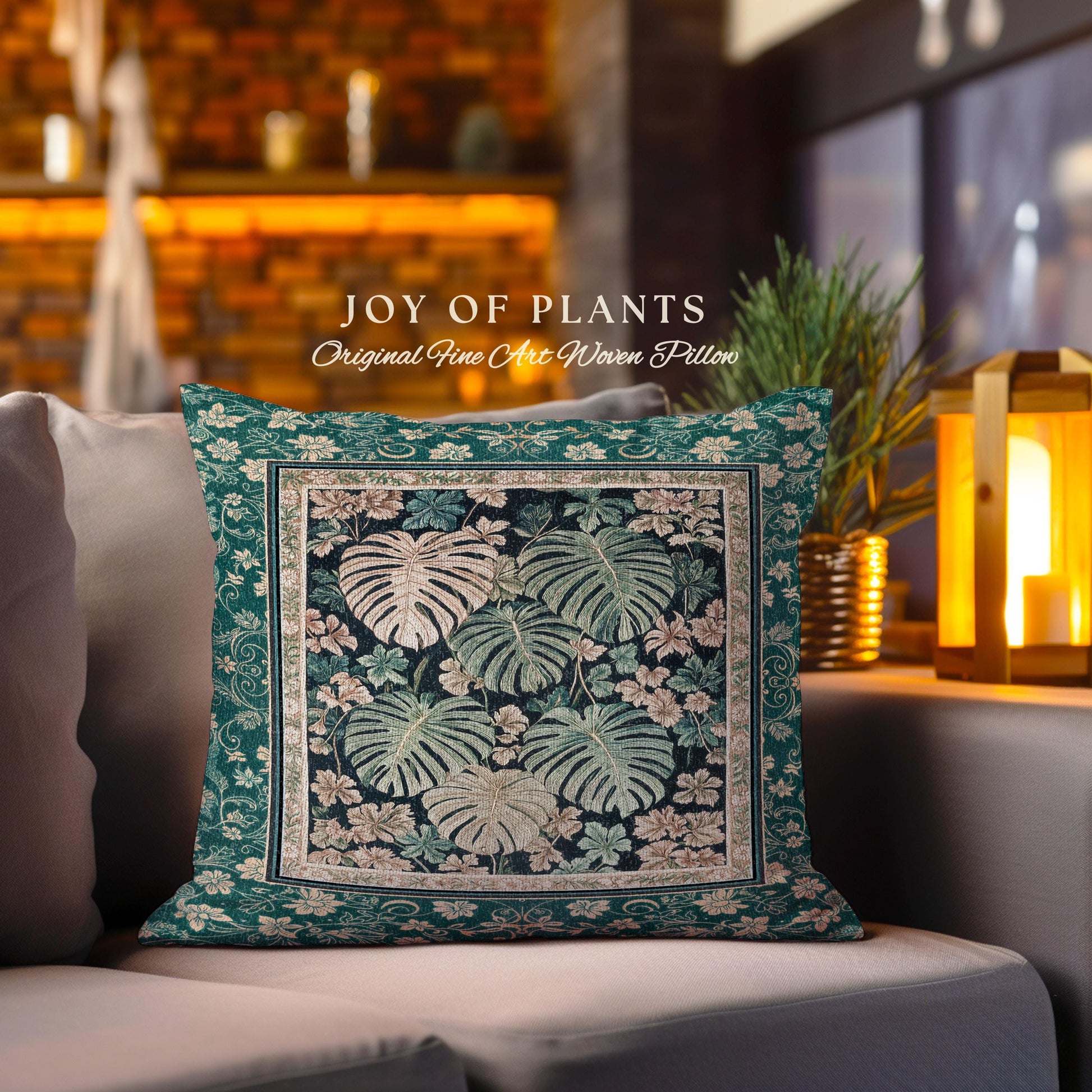 Enchanted Grove Botanical Woven Pillow | Forestcore Home Decor Cottagecore Maximalist Pillow Whimsical Monstera Vibes Trendy Bedroom Artwork