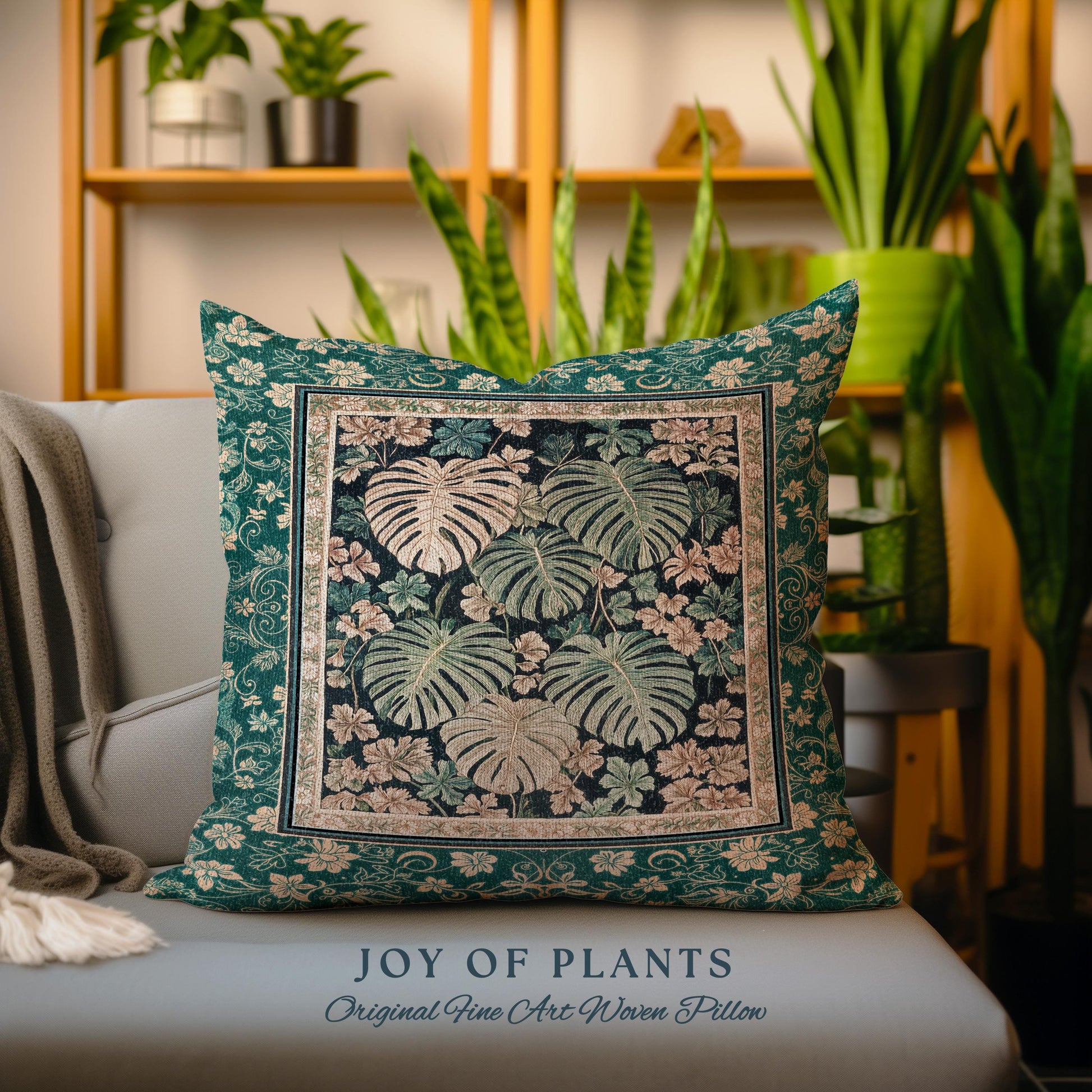 Enchanted Grove Botanical Woven Pillow | Forestcore Home Decor Cottagecore Maximalist Pillow Whimsical Monstera Vibes Trendy Bedroom Artwork
