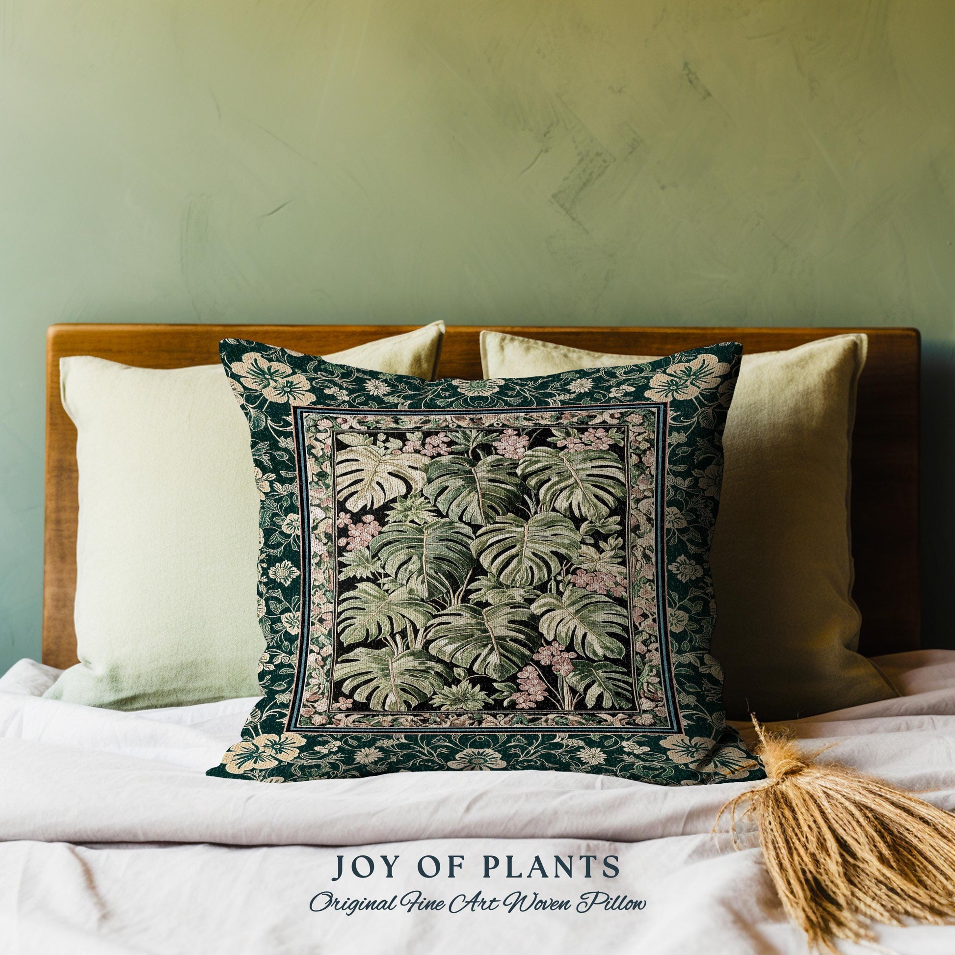 Verdant Flora Jungle Leaves Pillow | Maximalist Forestcore Tapestry Cushion Woven Whimsical Plant Themed Cottagecore Inspired Home Decor |