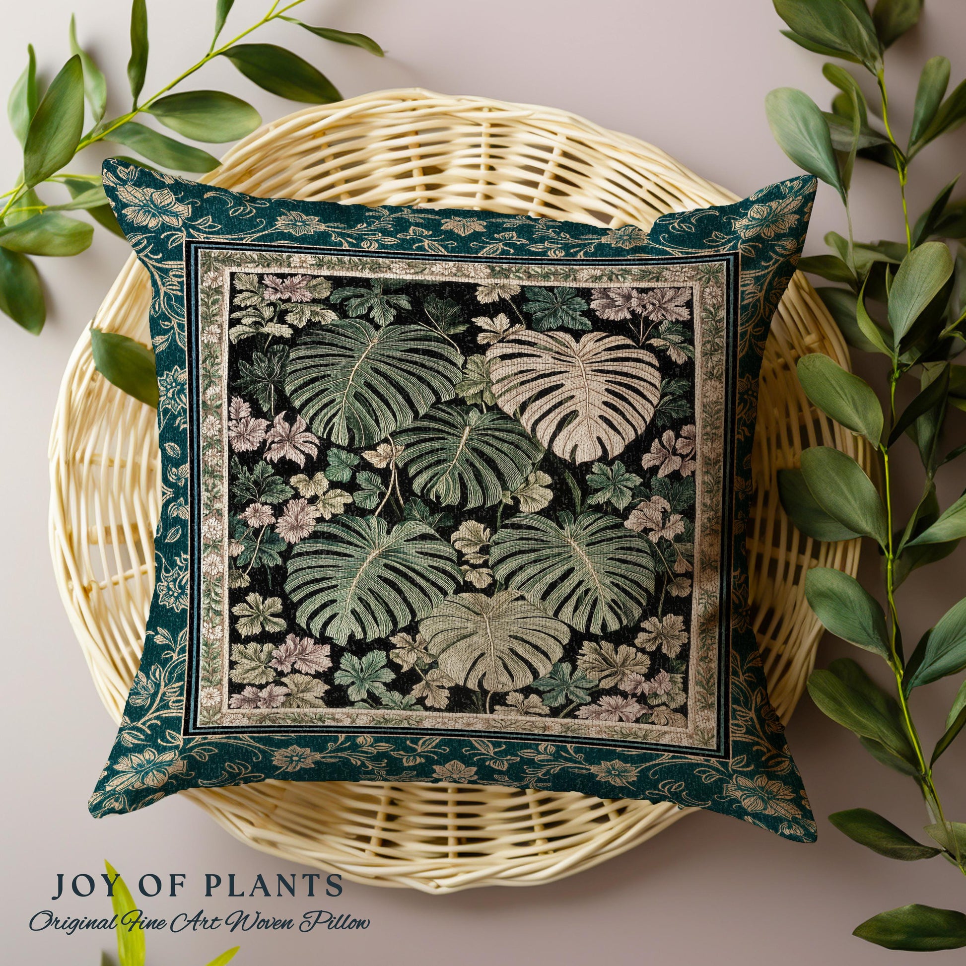 Botanical Cozy Throw Pillow Maximalist Jungle | Plant Lady Cushion Monstera Deliciosa Tapestry Pillow Woodland Magical Dark Academia Emerald