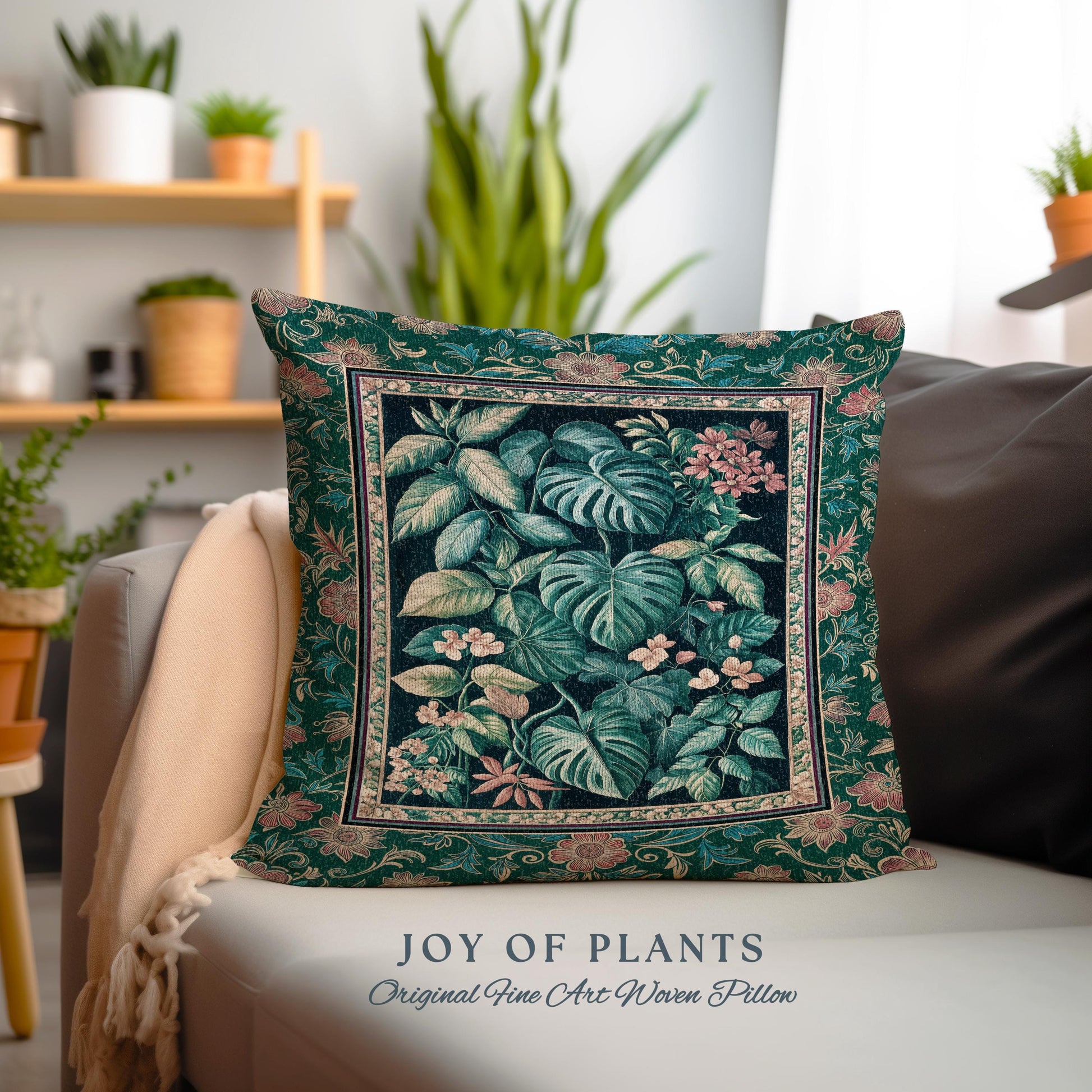 Elegant Botanicals Dark Forestcore Pillow | Woodland Fairycore Tapestry Pillow Woven Cushion Dark Cottagecore Vintage Moody Bedroom Teal |