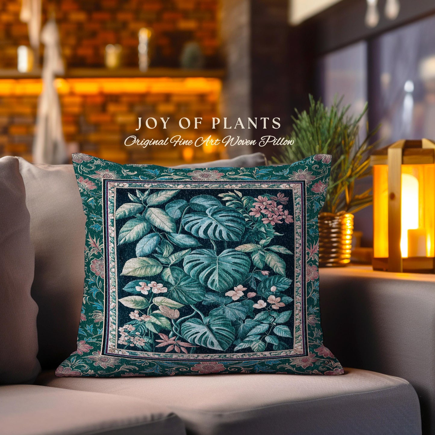 Elegant Botanicals Dark Forestcore Pillow | Woodland Fairycore Tapestry Pillow Woven Cushion Dark Cottagecore Vintage Moody Bedroom Teal |