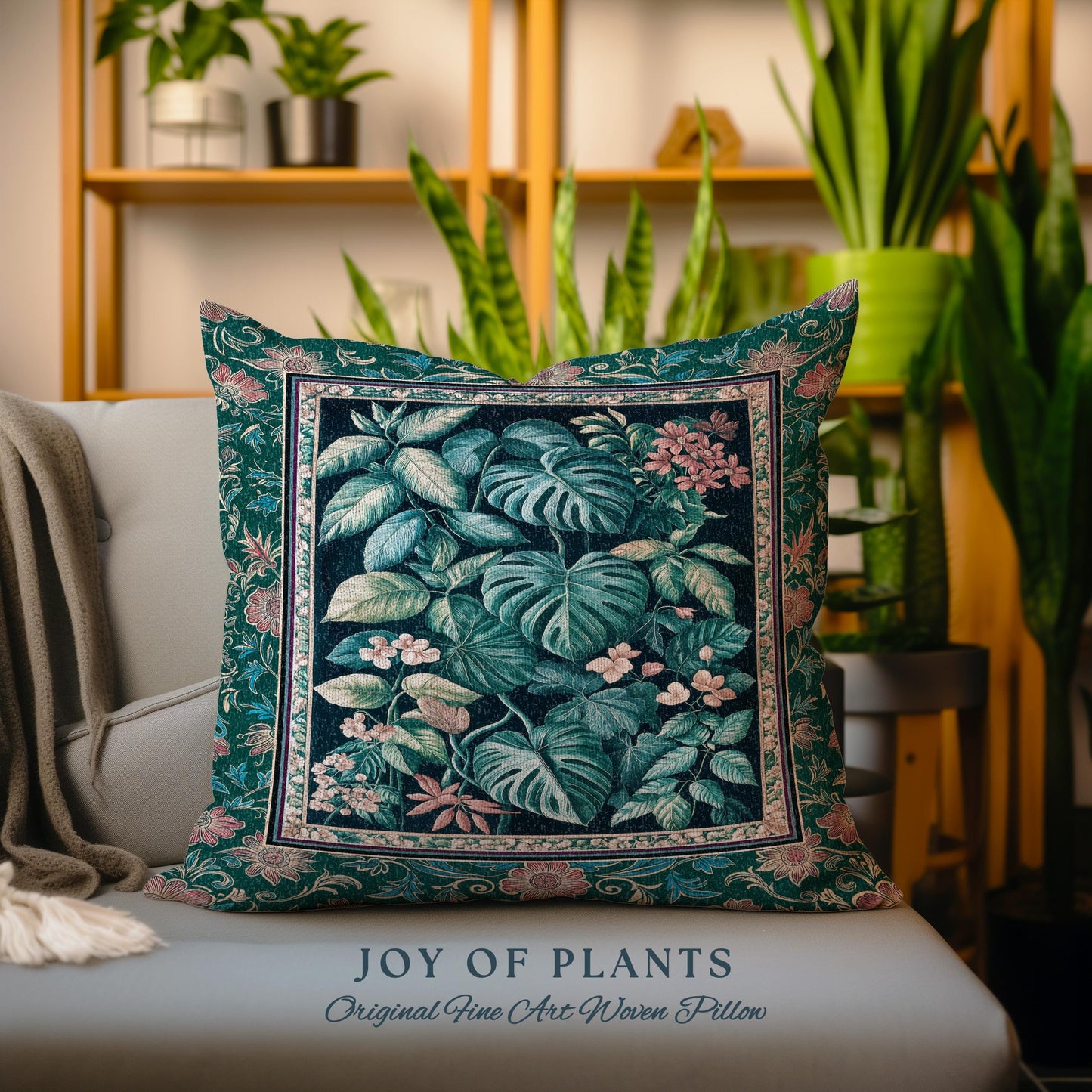 Elegant Botanicals Dark Forestcore Pillow | Woodland Fairycore Tapestry Pillow Woven Cushion Dark Cottagecore Vintage Moody Bedroom Teal |