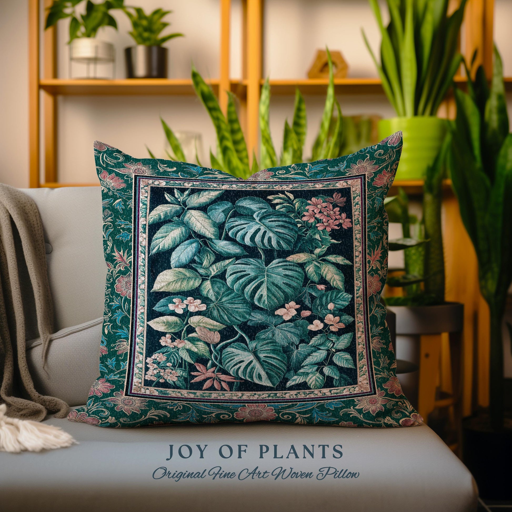 Elegant Botanicals Dark Forestcore Pillow | Woodland Fairycore Tapestry Pillow Woven Cushion Dark Cottagecore Vintage Moody Bedroom Teal |