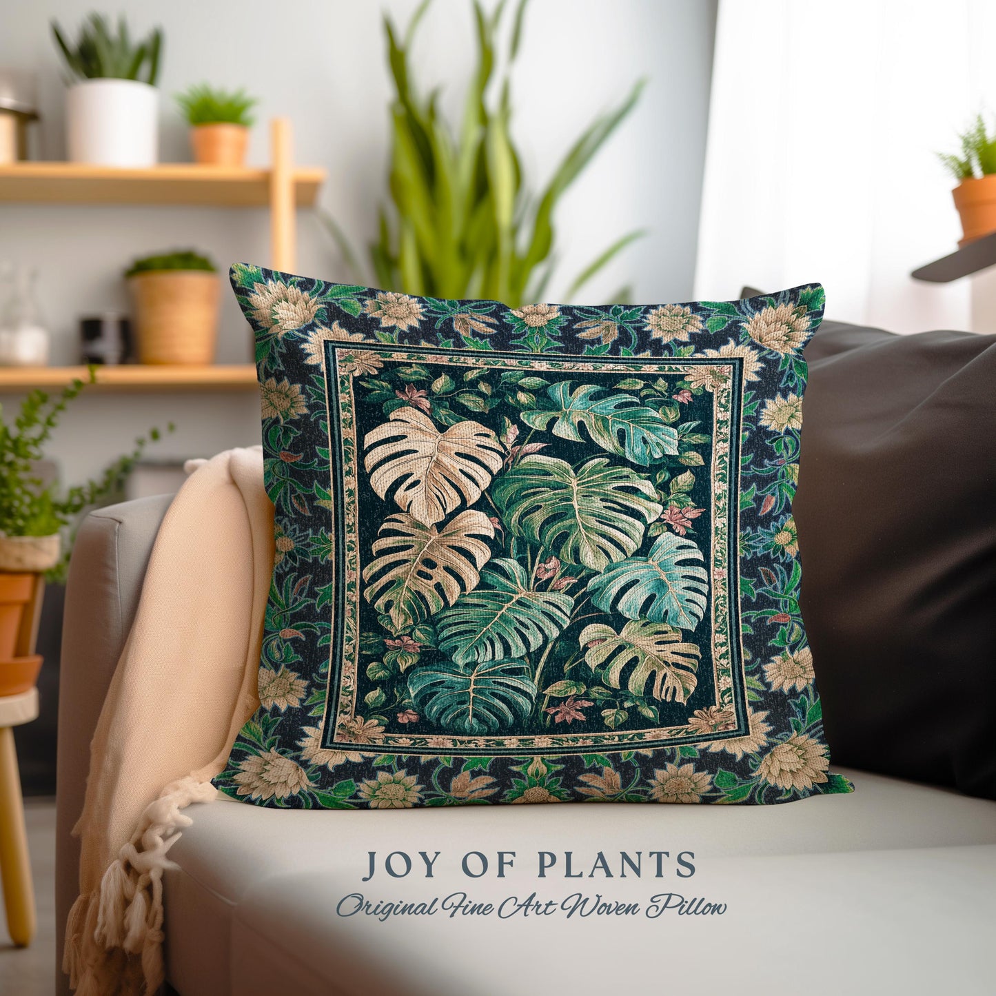 Elegant Jungle Leaves Pillow Woven | Dreamy Cottagecore Maximalist Tapestry Cushion for Houseplant Lover Cute Forestcore Monstera Jungle