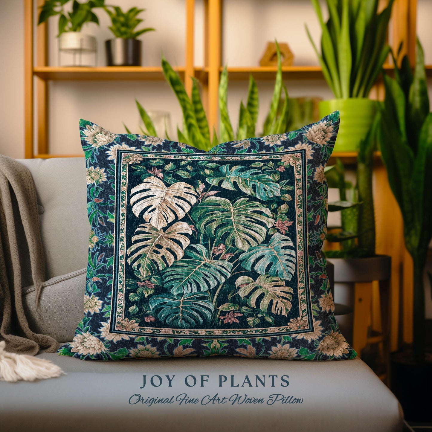 Elegant Jungle Leaves Pillow Woven | Dreamy Cottagecore Maximalist Tapestry Cushion for Houseplant Lover Cute Forestcore Monstera Jungle