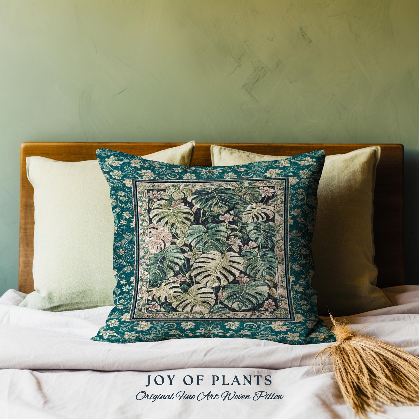 Cozy Plant Room Throw Pillow | Jungle Vibes Dark Academia Woven Cushion Houseplant Lover Housewarming Gift Whimsigoth Eclectic Bedroom |