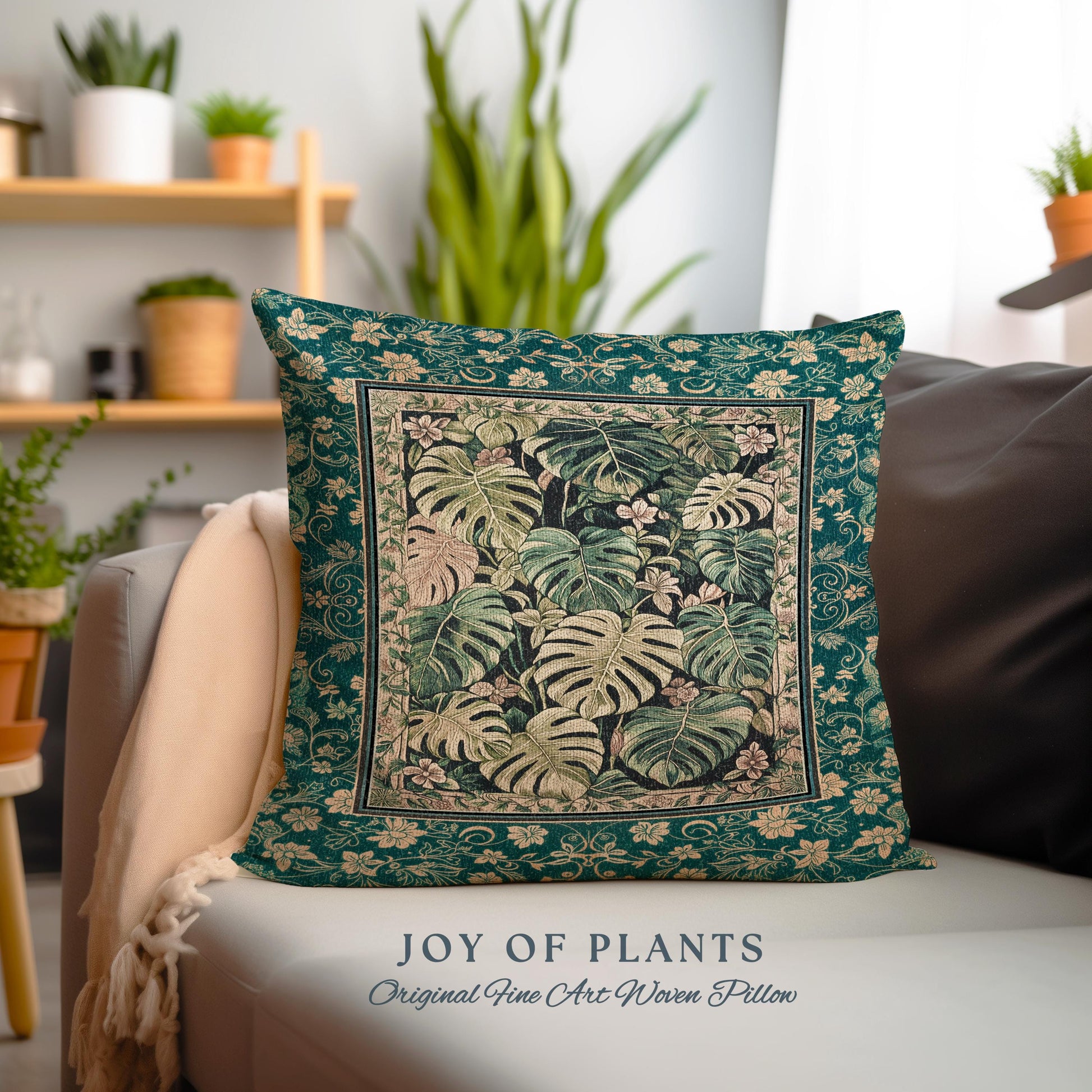 Cozy Plant Room Throw Pillow | Jungle Vibes Dark Academia Woven Cushion Houseplant Lover Housewarming Gift Whimsigoth Eclectic Bedroom |