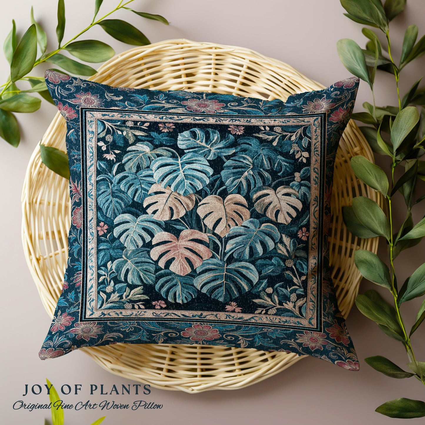 Serene Monstera Forest Throw Pillow | Enchanted Tropigoth Bedroom Woven Tapestry Cushion Whimsical Cottagecore Houseplant Lover Aesthetic |