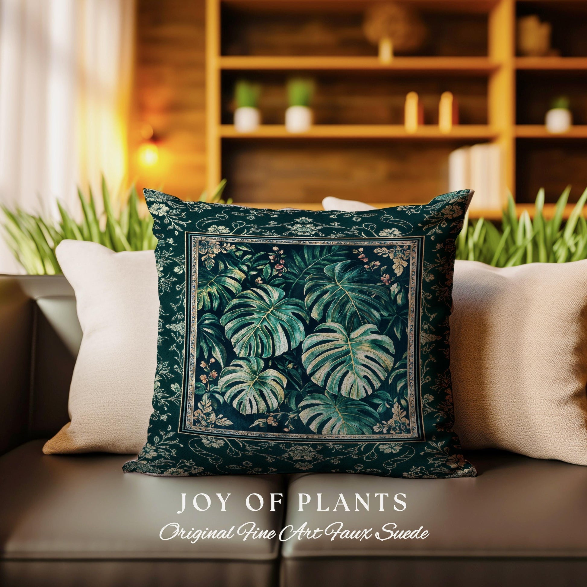 Jungle Inspired Emerald Green Pillow | Monstera Throw Pillow Moody Bedroom Woven Tapestry Cushion Trendy Tropigoth Room Accent Botanical |