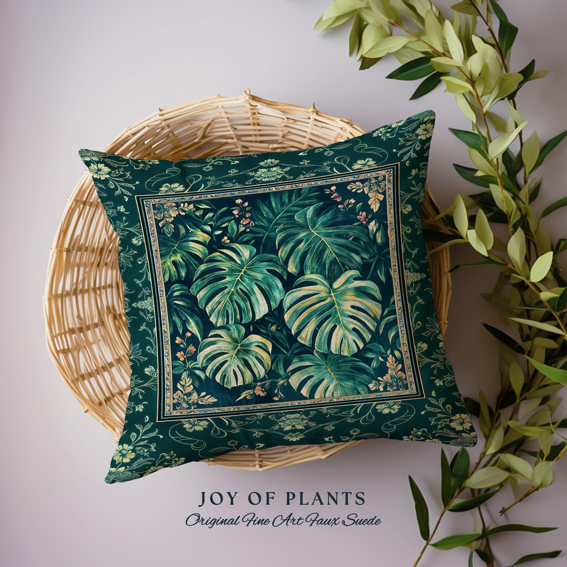 Jungle Inspired Emerald Green Pillow | Monstera Throw Pillow Moody Bedroom Woven Tapestry Cushion Trendy Tropigoth Room Accent Botanical |
