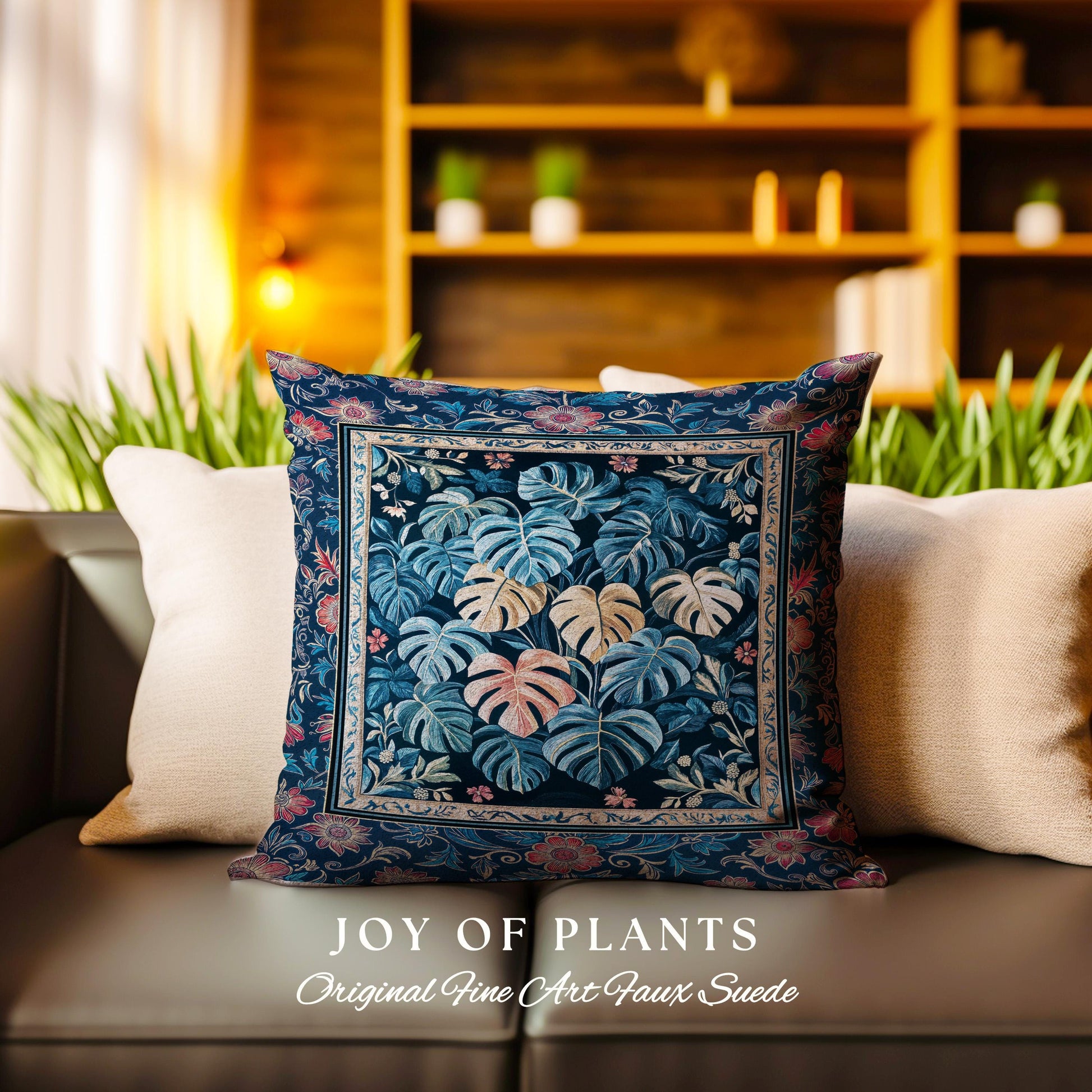 Serene Monstera Forest Throw Pillow | Enchanted Tropigoth Bedroom Woven Tapestry Cushion Whimsical Cottagecore Houseplant Lover Aesthetic |