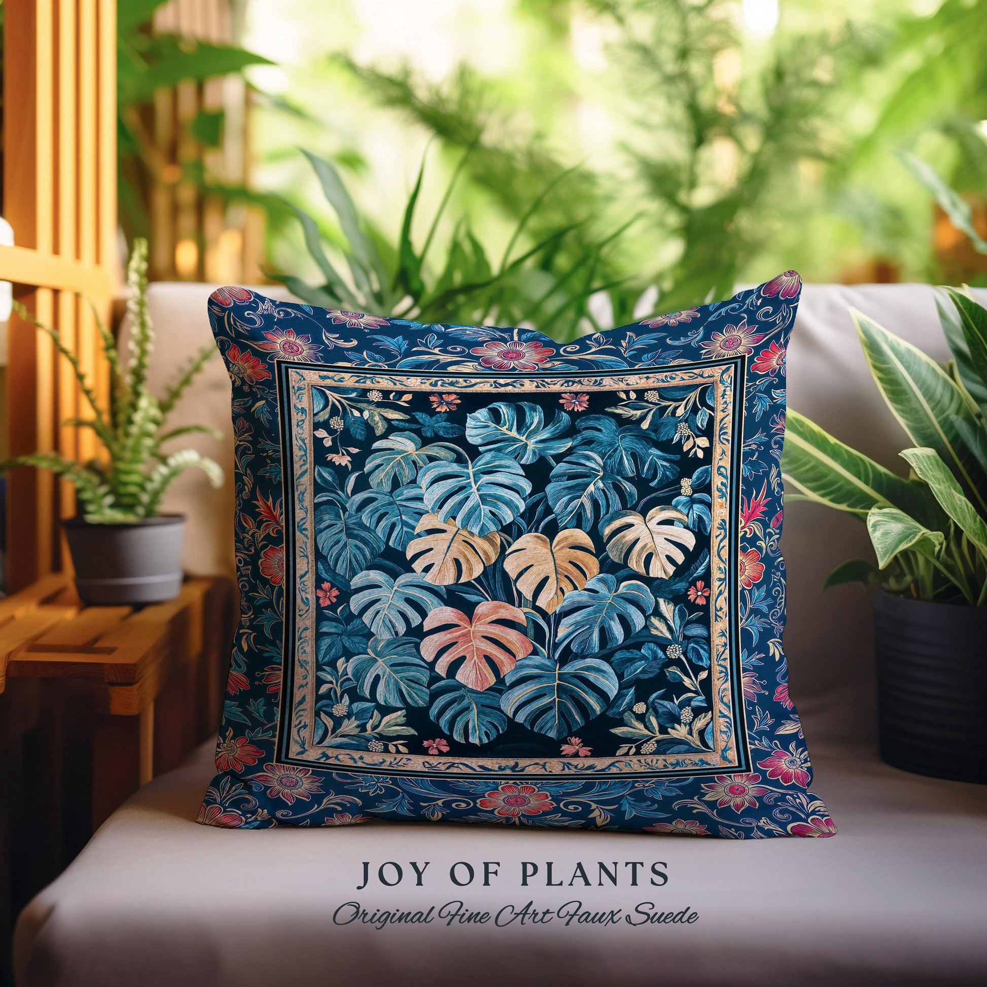 Serene Monstera Forest Throw Pillow | Enchanted Tropigoth Bedroom Woven Tapestry Cushion Whimsical Cottagecore Houseplant Lover Aesthetic |
