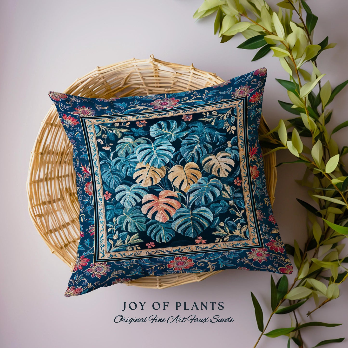 Serene Monstera Forest Throw Pillow | Enchanted Tropigoth Bedroom Woven Tapestry Cushion Whimsical Cottagecore Houseplant Lover Aesthetic |