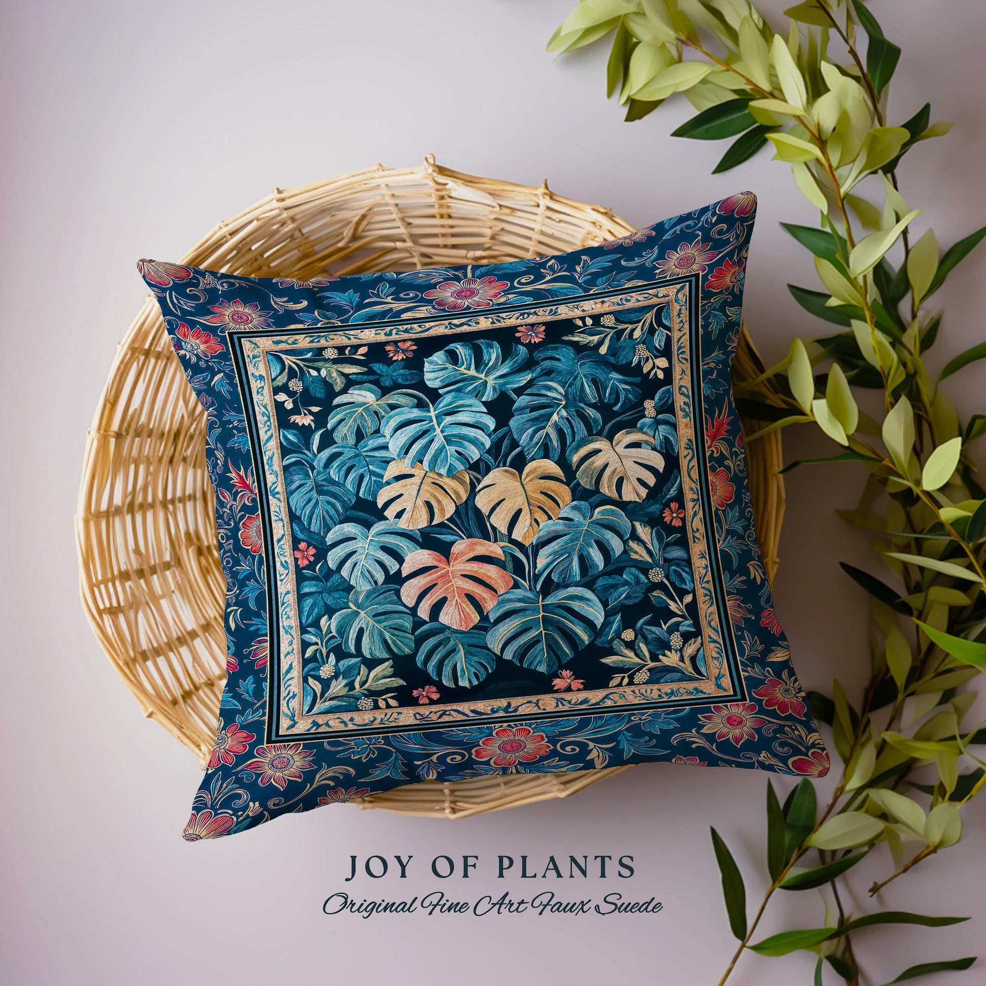 Serene Monstera Forest Throw Pillow | Enchanted Tropigoth Bedroom Woven Tapestry Cushion Whimsical Cottagecore Houseplant Lover Aesthetic |