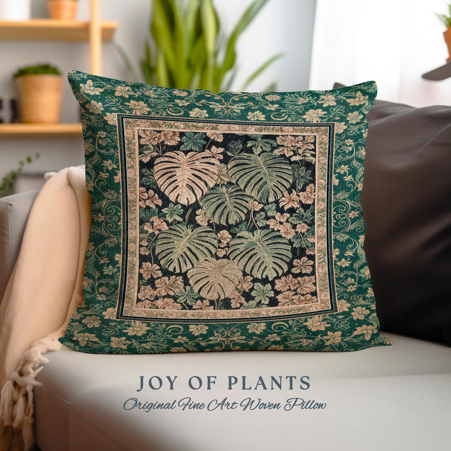 Enchanted Grove Botanical Woven Pillow | Forestcore Home Decor Cottagecore Maximalist Pillow Whimsical Monstera Vibes Trendy Bedroom Artwork
