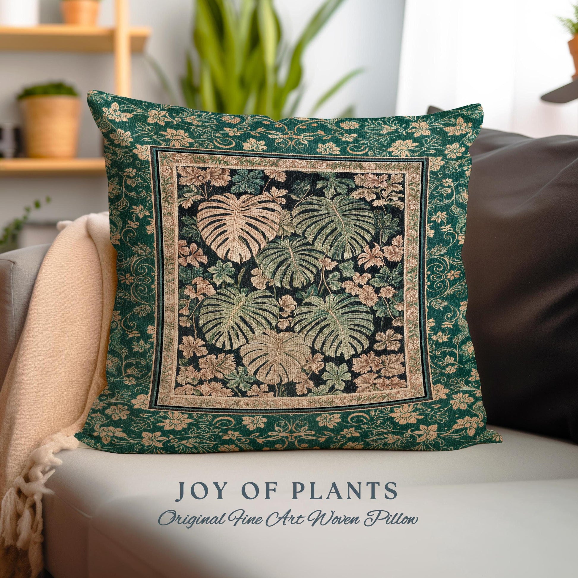 Enchanted Grove Botanical Woven Pillow | Forestcore Home Decor Cottagecore Maximalist Pillow Whimsical Monstera Vibes Trendy Bedroom Artwork