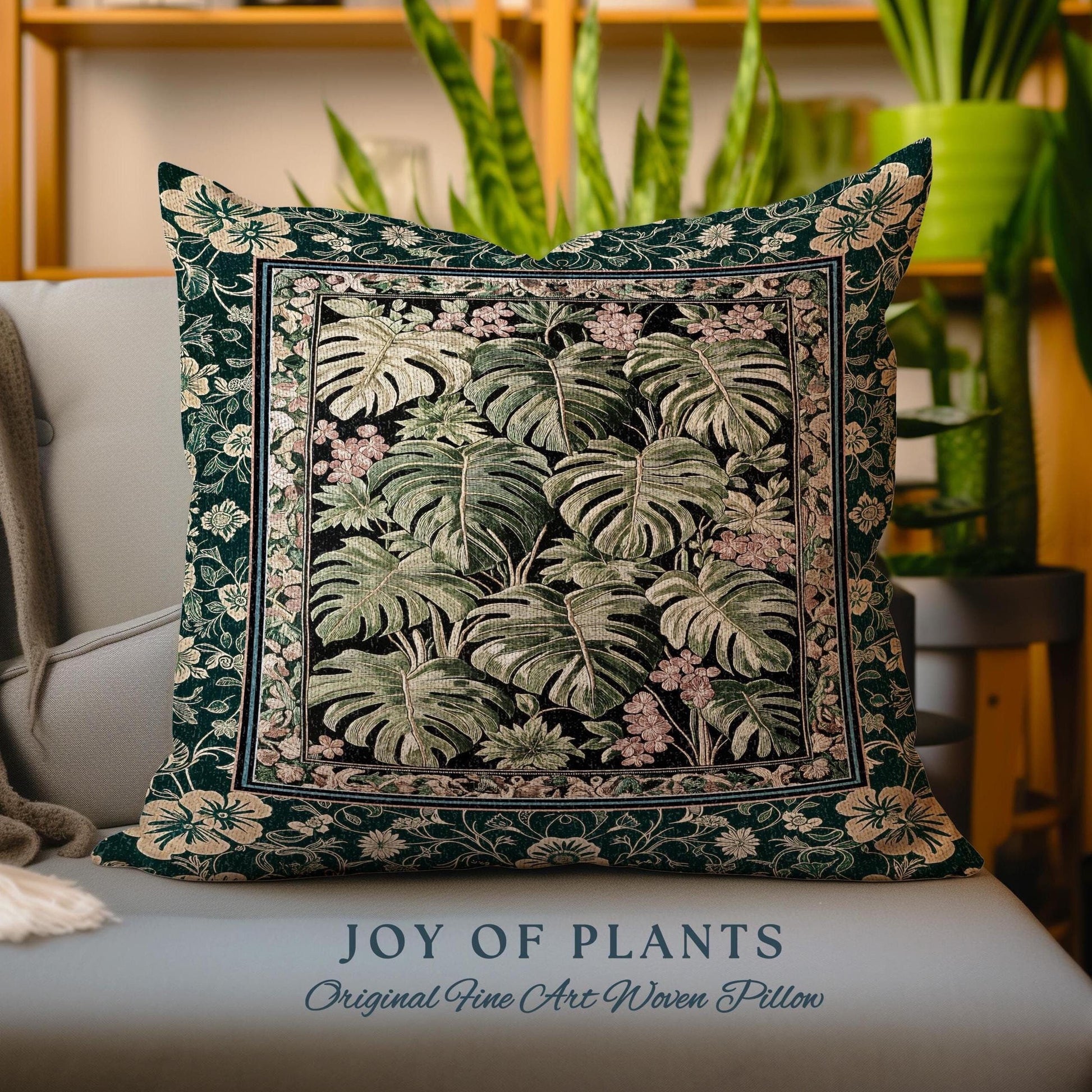 Verdant Flora Jungle Leaves Pillow | Maximalist Forestcore Tapestry Cushion Woven Whimsical Plant Themed Cottagecore Inspired Home Decor |