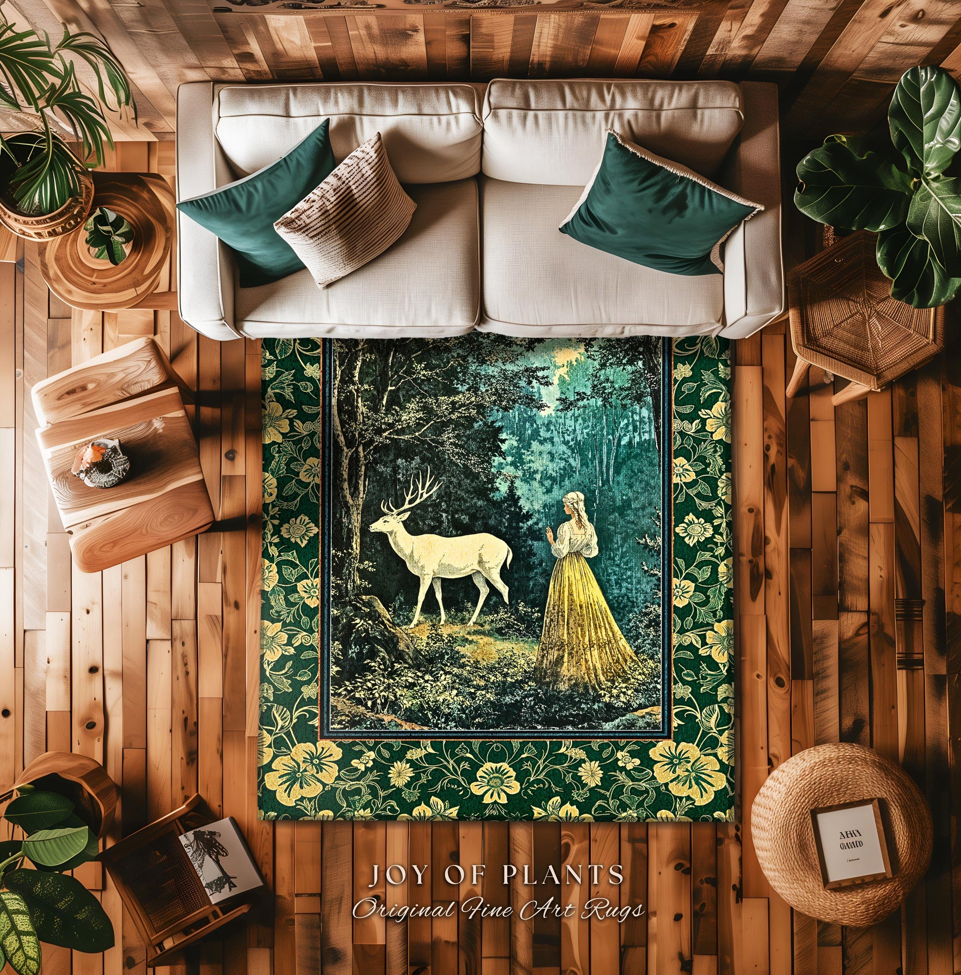 Dreamy Fairytale Forest Deer Rug | Folklore Inspired Ethereal Nature Area Rug Woodland Bedroom Botanical Carpet Elegance Magical Mystic Art