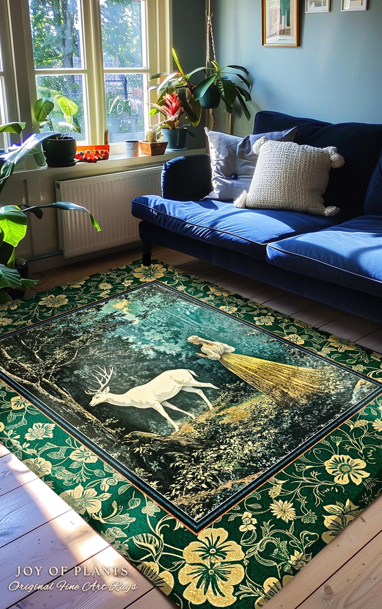 Dreamy Fairytale Forest Deer Rug | Folklore Inspired Ethereal Nature Area Rug Woodland Bedroom Botanical Carpet Elegance Magical Mystic Art