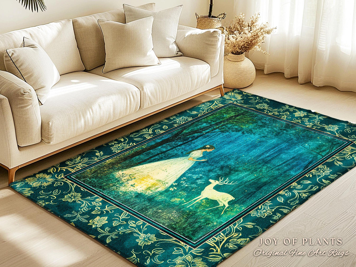 Spirit Animal Magic Forest Rug | Woodland Folklore Accent Rug Spiritual Meaning Enchanted Woods Botanical Whimsical Deer Ethereal Goddess |