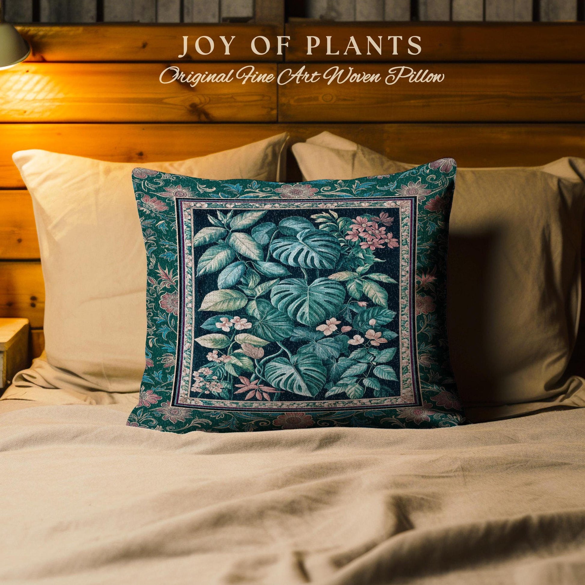 Elegant Botanicals Dark Forestcore Pillow | Woodland Fairycore Tapestry Pillow Woven Cushion Dark Cottagecore Vintage Moody Bedroom Teal |