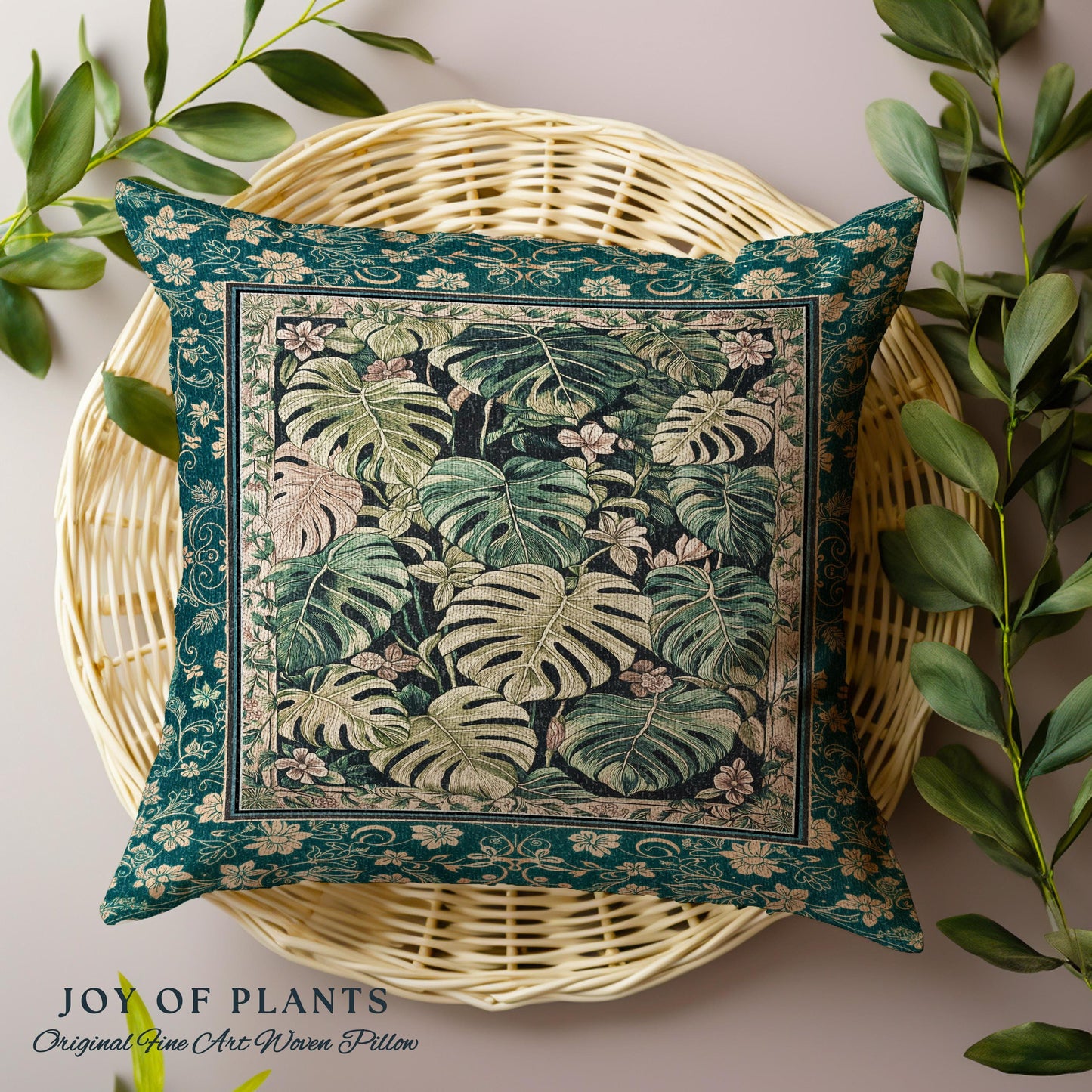 Cozy Plant Room Throw Pillow | Jungle Vibes Dark Academia Woven Cushion Houseplant Lover Housewarming Gift Whimsigoth Eclectic Bedroom |