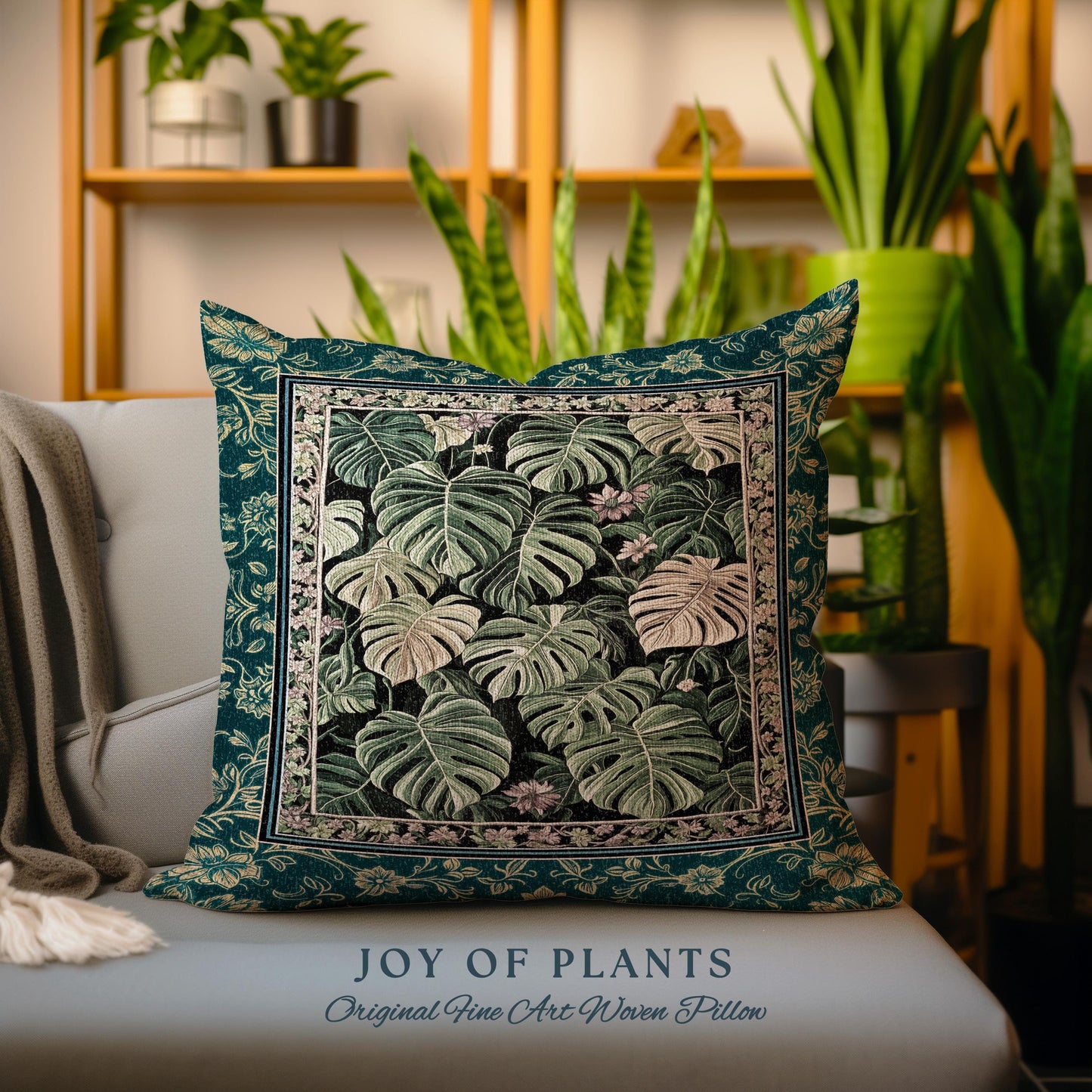 Monstera Tapestry Pillow Unique | Herbology Cushion Dark Cottagecore Tropical Aesthetic Dark Floral Houseplant Botanical Woven Throw Pillow