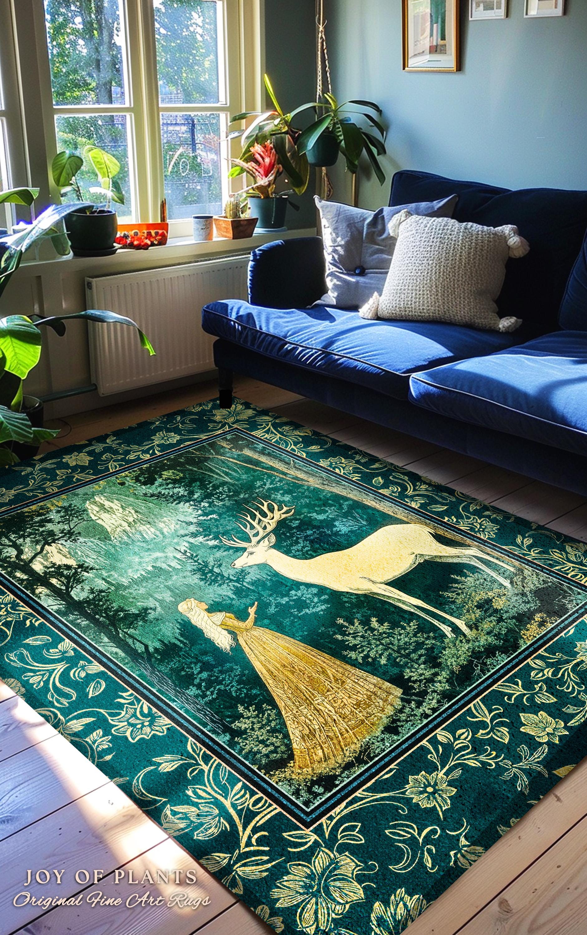Mystic Animal Guardian Area Rug | Fairy Forest Ethereal Woods Folklore Accent Rug Enchanted Cottagecore Bedroom Carpet Magical Deer Spirit |
