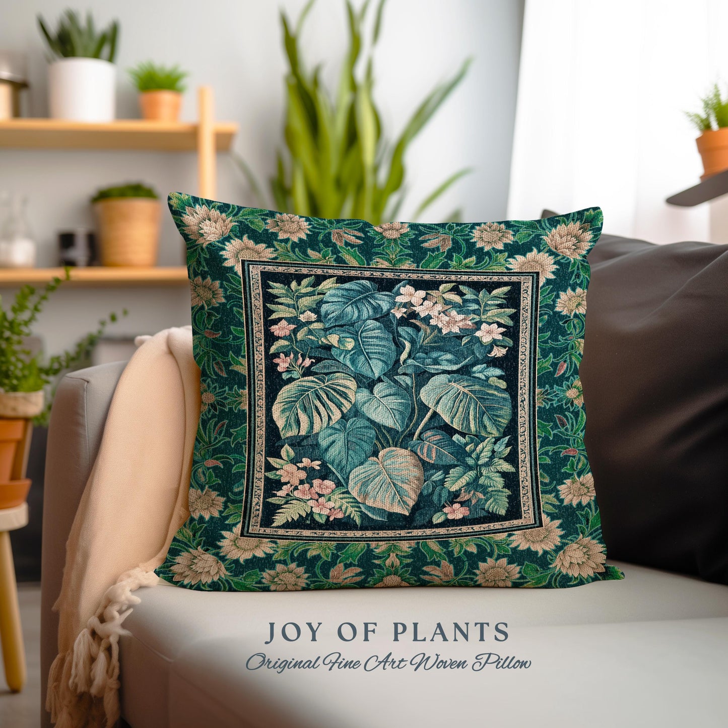 Ethereal Botanicals Woven Tapestry Pillow | Houseplant Bedroom Monstera Maximalist Leaf Bedding Dark Academia Leaves Aesthetic Woven Cushion