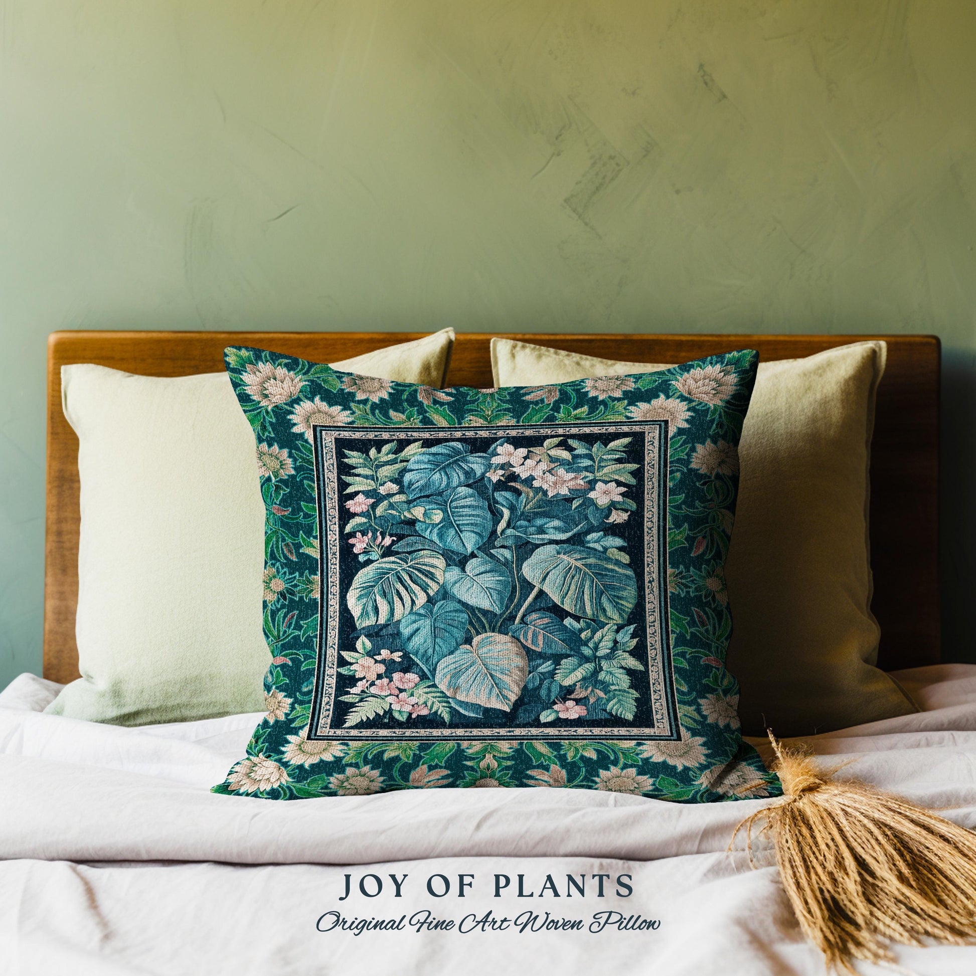 Ethereal Botanicals Woven Tapestry Pillow | Houseplant Bedroom Monstera Maximalist Leaf Bedding Dark Academia Leaves Aesthetic Woven Cushion