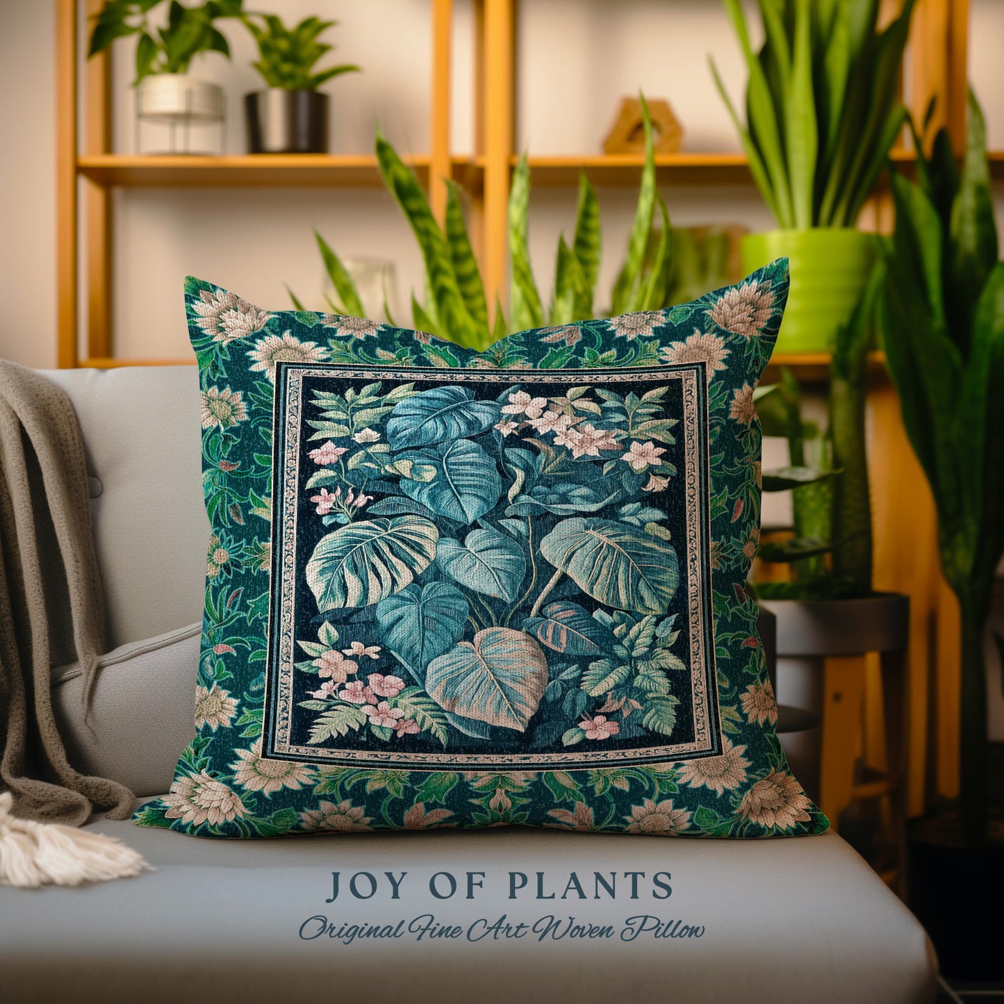 Ethereal Botanicals Woven Tapestry Pillow | Houseplant Bedroom Monstera Maximalist Leaf Bedding Dark Academia Leaves Aesthetic Woven Cushion