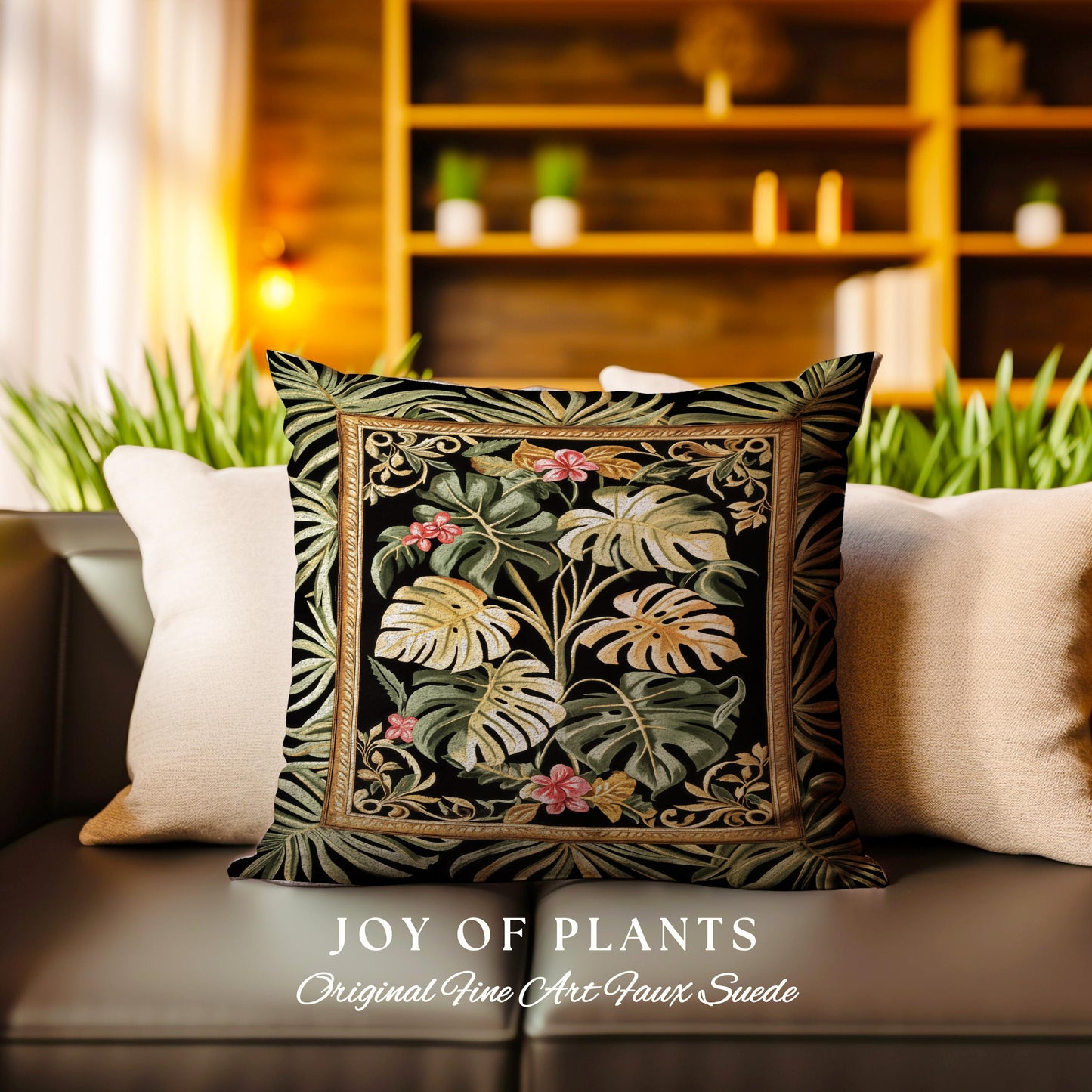 Trendy Tropical Leaves Woven Pillow | Whimsical Wall Art Monstera Tapestry Cushion for Plant Lovers Maximalist Jungle Cottagecore Whimsy |