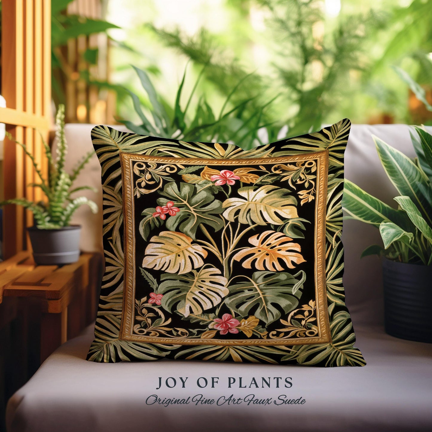 Trendy Tropical Leaves Woven Pillow | Whimsical Wall Art Monstera Tapestry Cushion for Plant Lovers Maximalist Jungle Cottagecore Whimsy |