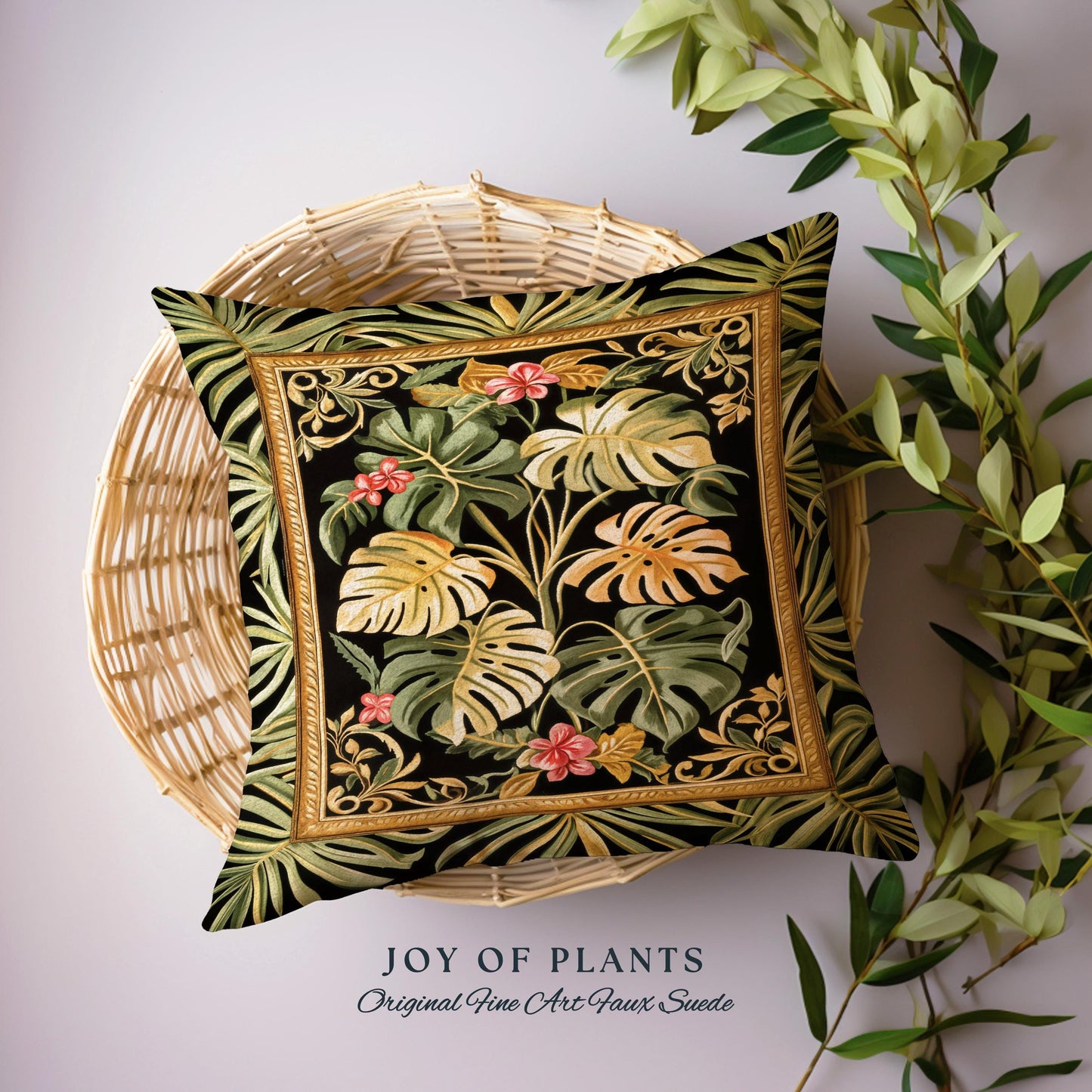 Trendy Tropical Leaves Woven Pillow | Whimsical Wall Art Monstera Tapestry Cushion for Plant Lovers Maximalist Jungle Cottagecore Whimsy |