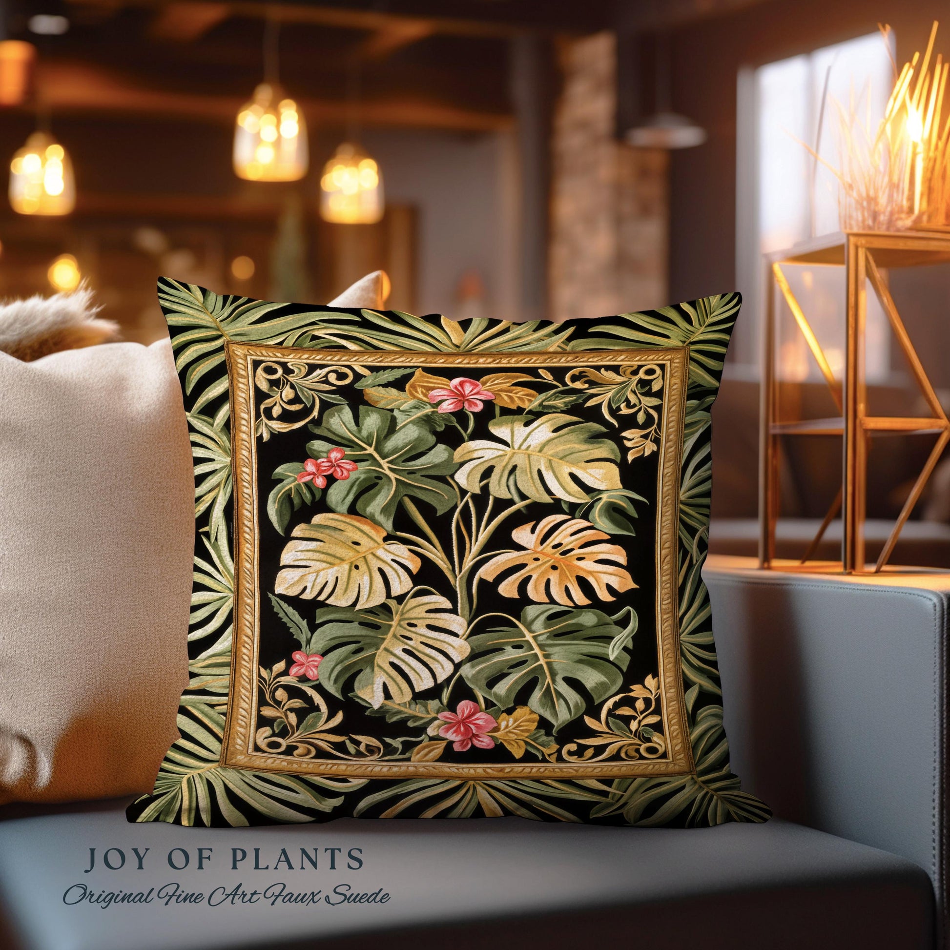 Trendy Tropical Leaves Woven Pillow | Whimsical Wall Art Monstera Tapestry Cushion for Plant Lovers Maximalist Jungle Cottagecore Whimsy |