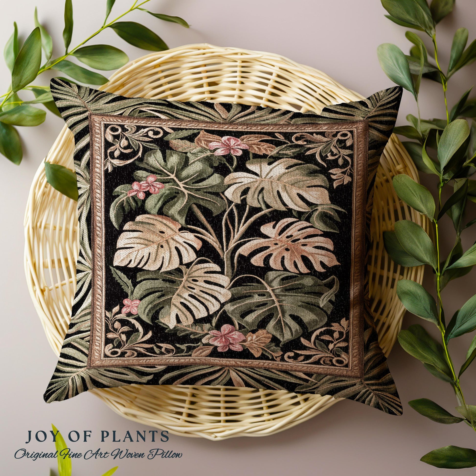 Trendy Tropical Leaves Woven Pillow | Whimsical Wall Art Monstera Tapestry Cushion for Plant Lovers Maximalist Jungle Cottagecore Whimsy |