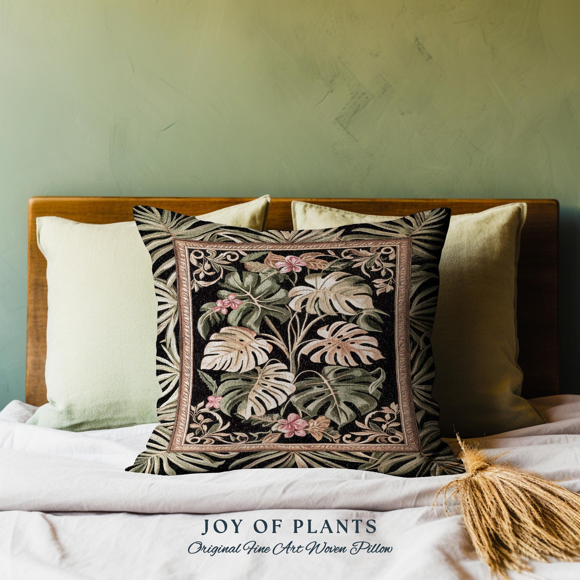 Trendy Tropical Leaves Woven Pillow | Whimsical Wall Art Monstera Tapestry Cushion for Plant Lovers Maximalist Jungle Cottagecore Whimsy |