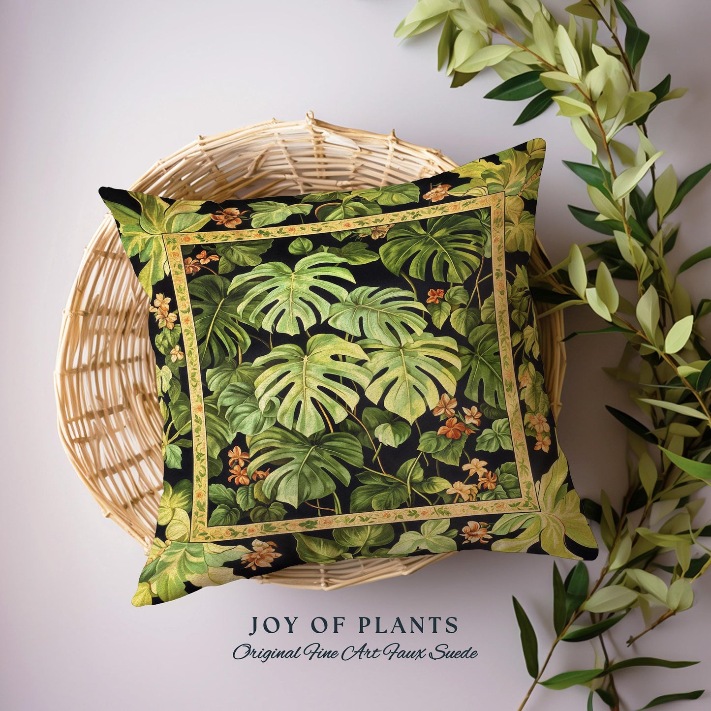 Ethereal Monstera Woodland Botanical Pillow | Tropical Aesthetic Dark Floral Houseplant Lover Whimsical Home Decor Woven Tapestry Cushion |