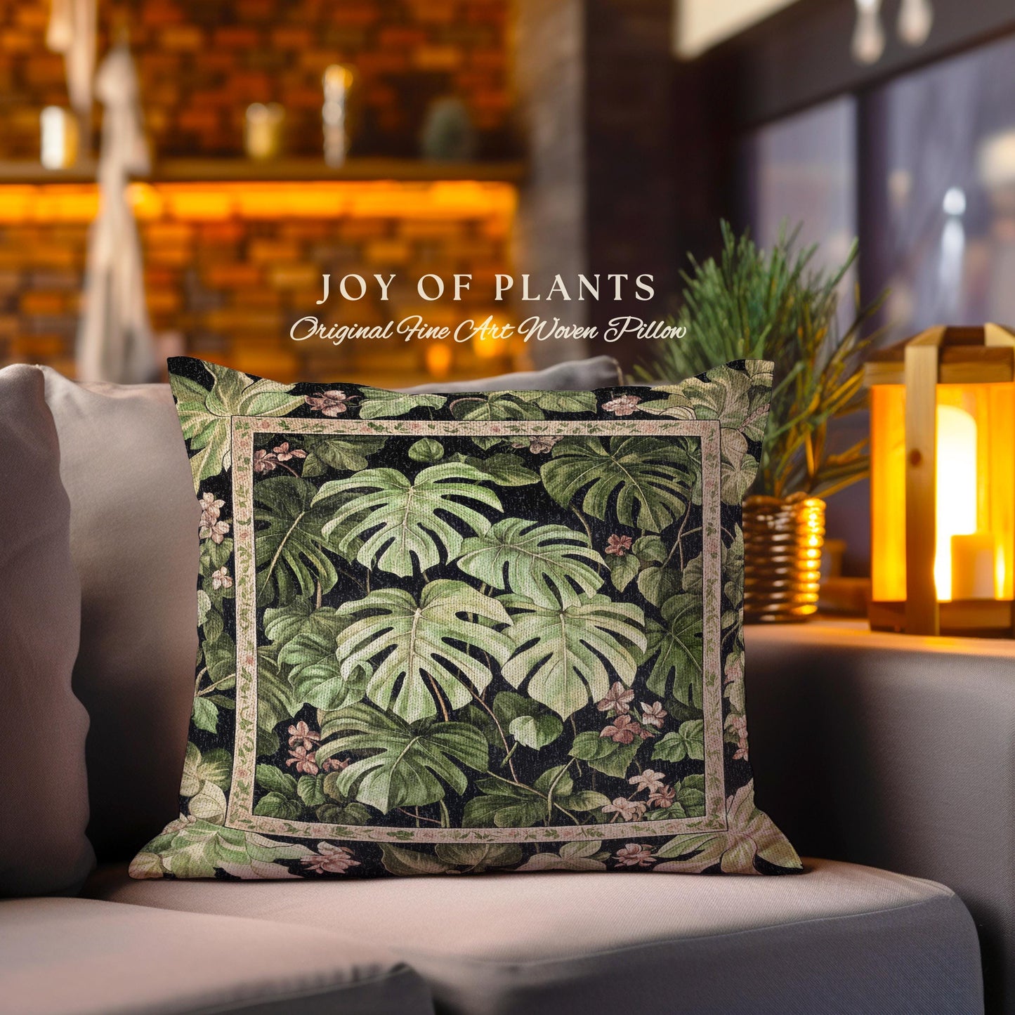 Ethereal Monstera Woodland Botanical Pillow | Tropical Aesthetic Dark Floral Houseplant Lover Whimsical Home Decor Woven Tapestry Cushion |