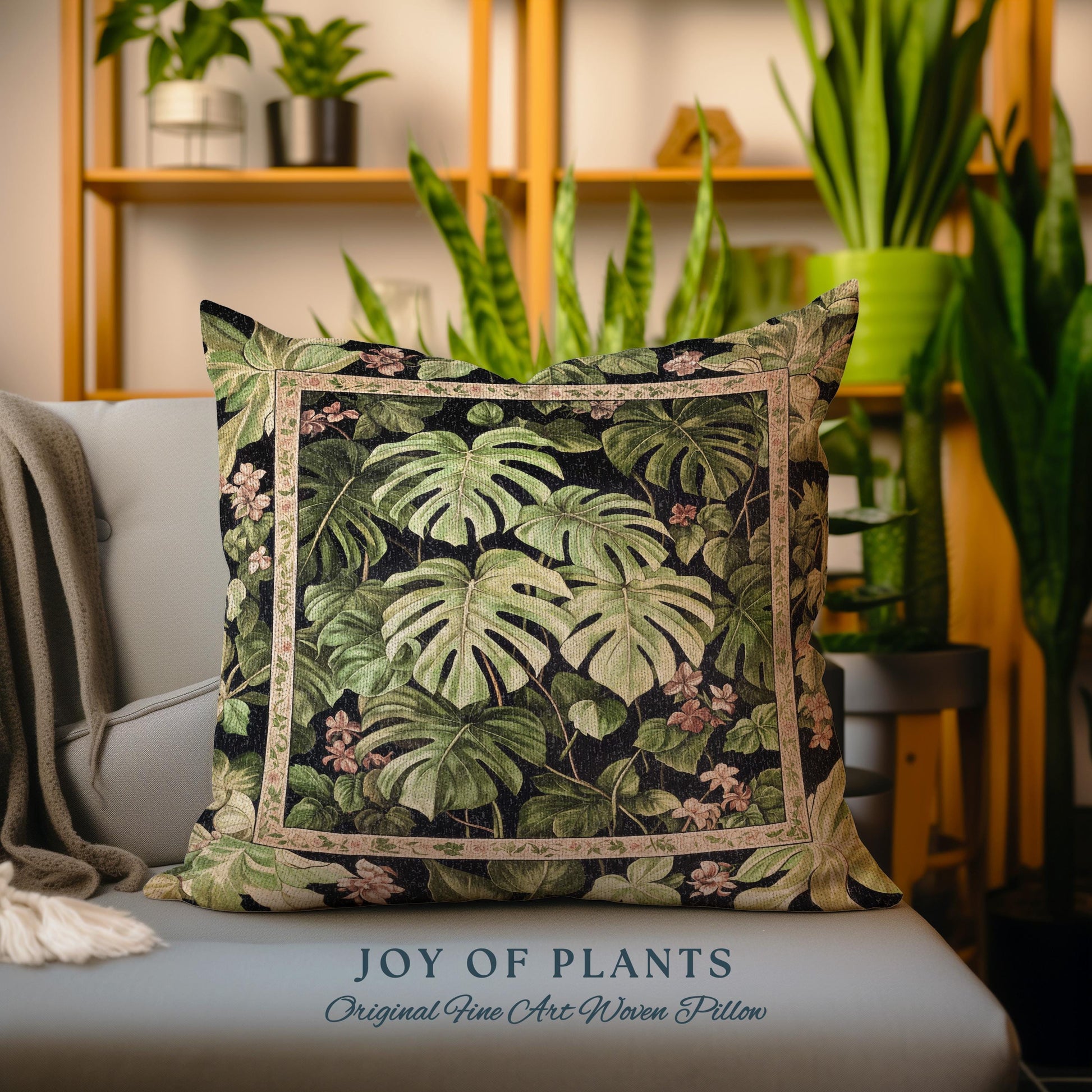 Ethereal Monstera Woodland Botanical Pillow | Tropical Aesthetic Dark Floral Houseplant Lover Whimsical Home Decor Woven Tapestry Cushion |