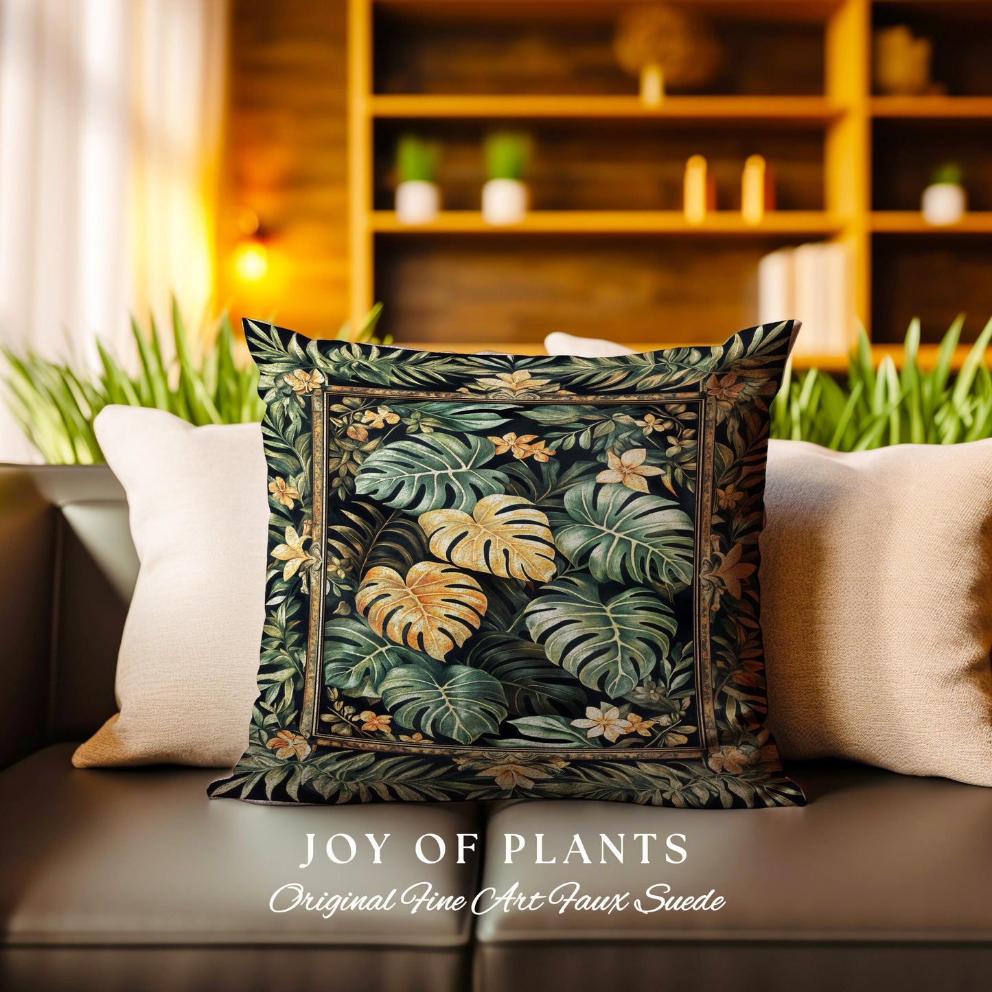 Floral Foliage Woven Monstera Pillow | Whimsical Cottagecore Charm Jungle Vibes Forestcore Woven Throw Pillow Enchanted Houseplant Lover |